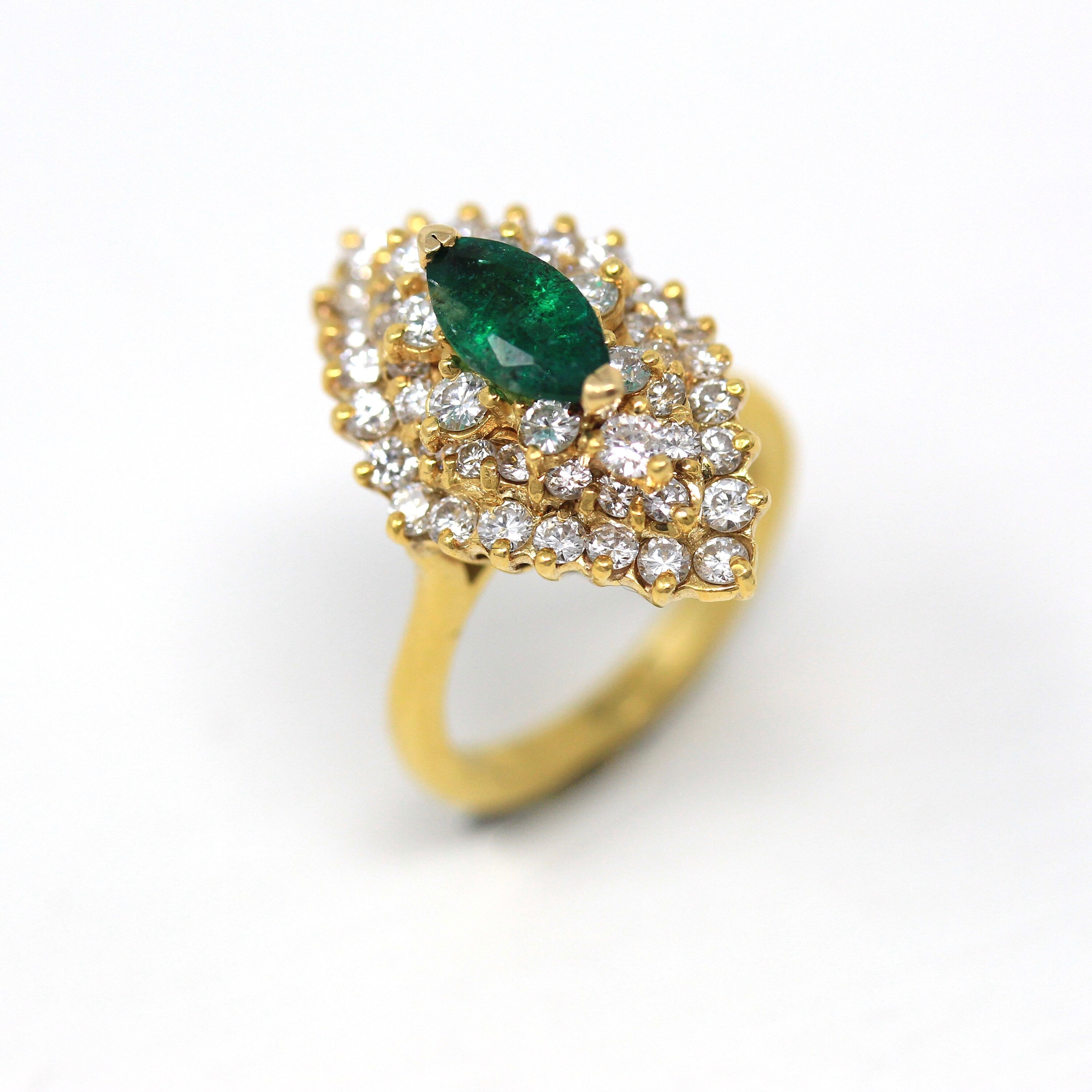 Gemstone Cocktail Ring - Vintage 22k Yellow Gold Genuine .75 CT Emerald & Diamond Gems - Circa 1980s Statement Halo Fine Jewelry W/ Report