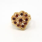 Vintage Garnet Heart Ring - 14k Yellow Gold Genuine Red Gemstone Cluster Statement - Retro 1960s Size 7.5 January Birthstone Fine Jewelry