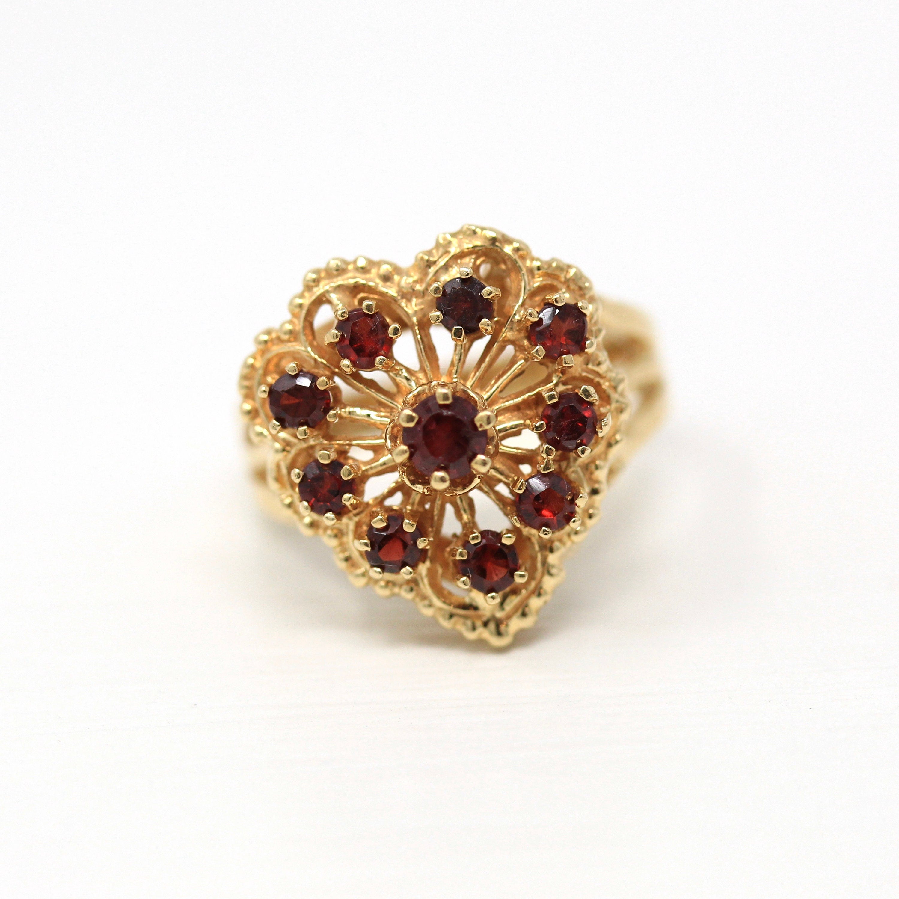 Vintage Garnet Heart Ring - 14k Yellow Gold Genuine Red Gemstone Cluster Statement - Retro 1960s Size 7.5 January Birthstone Fine Jewelry