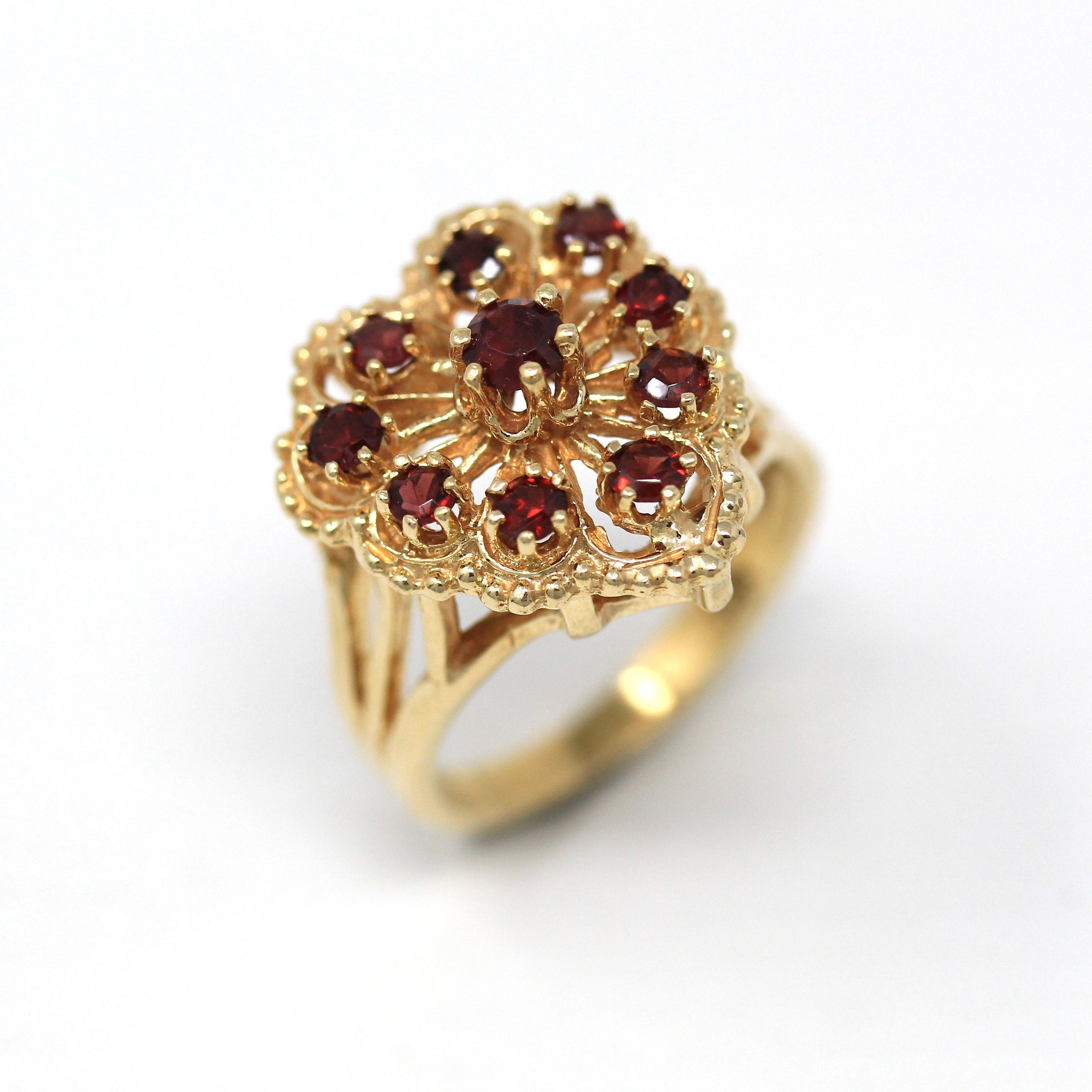 Vintage Garnet Heart Ring - 14k Yellow Gold Genuine Red Gemstone Cluster Statement - Retro 1960s Size 7.5 January Birthstone Fine Jewelry