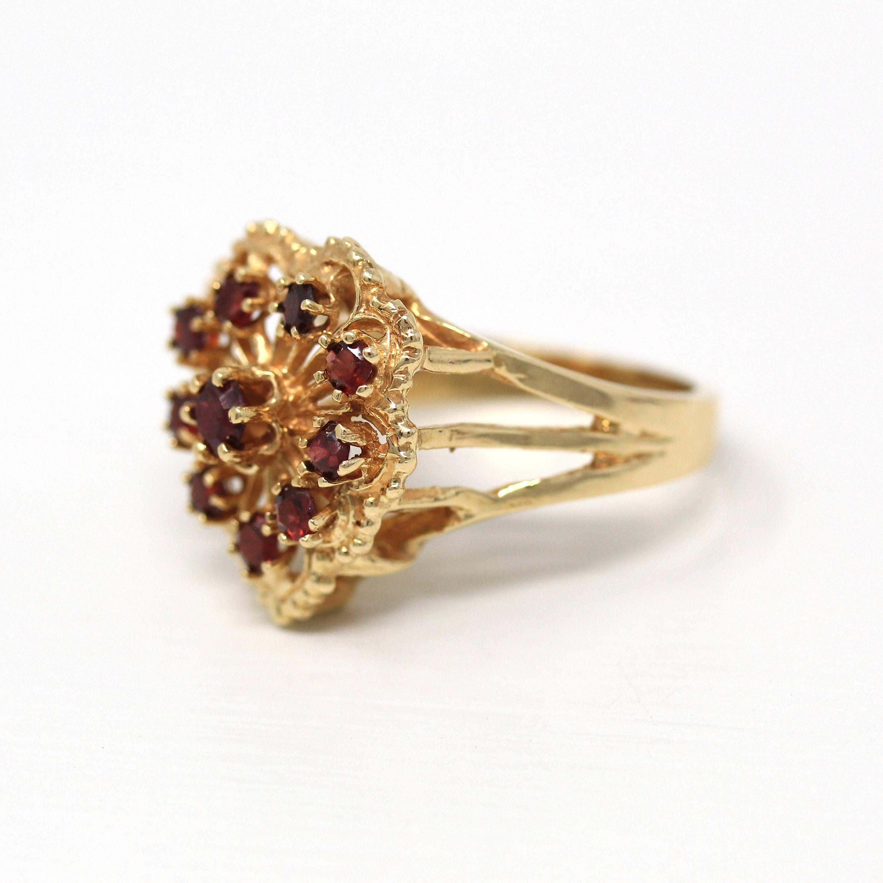 Vintage Garnet Heart Ring - 14k Yellow Gold Genuine Red Gemstone Cluster Statement - Retro 1960s Size 7.5 January Birthstone Fine Jewelry