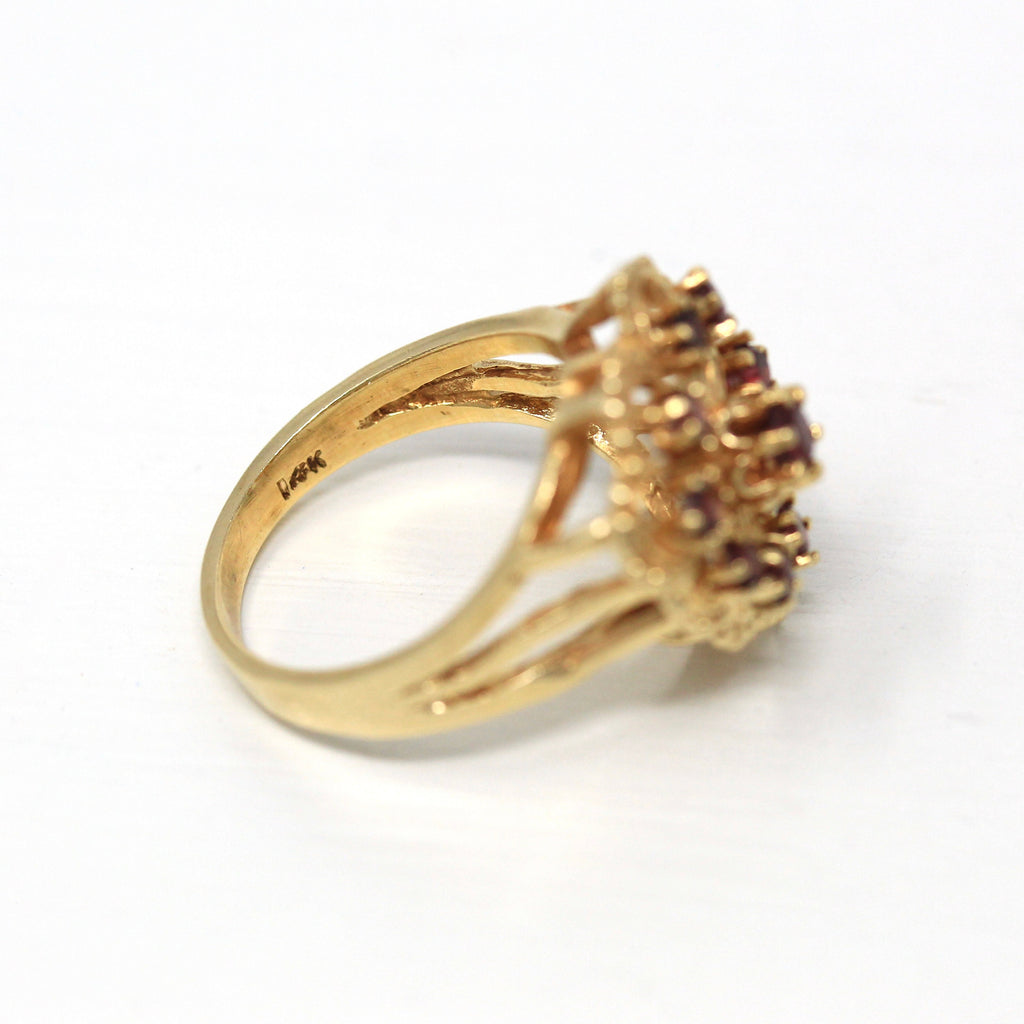 Vintage Garnet Heart Ring - 14k Yellow Gold Genuine Red Gemstone Cluster Statement - Retro 1960s Size 7.5 January Birthstone Fine Jewelry