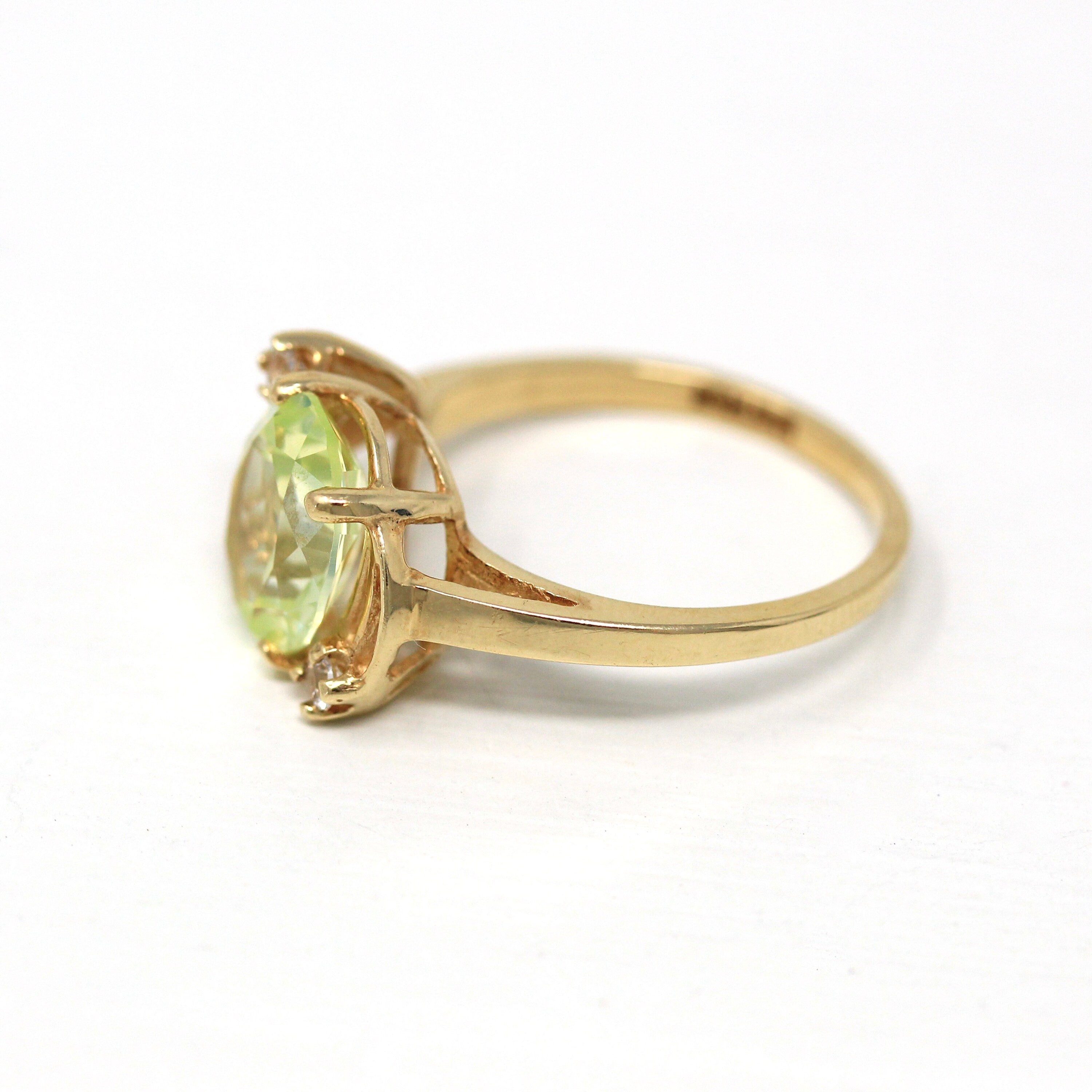 Created Spinel Ring - Retro 10k Yellow Gold Oval Cut Chartreuse Green Statement - Vintage Circa 1940s Size 5 3/4 Unique Fine Jewelry