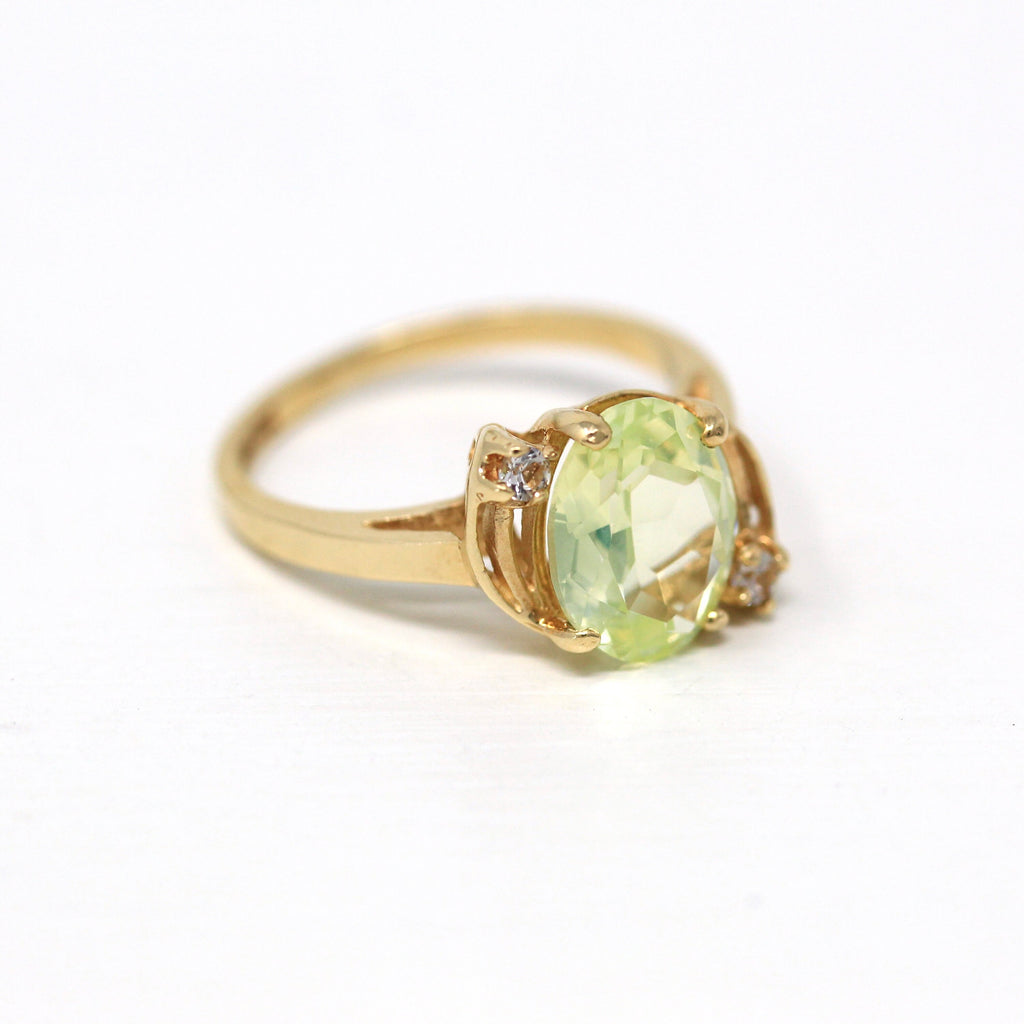Created Spinel Ring - Retro 10k Yellow Gold Oval Cut Chartreuse Green Statement - Vintage Circa 1940s Size 5 3/4 Unique Fine Jewelry