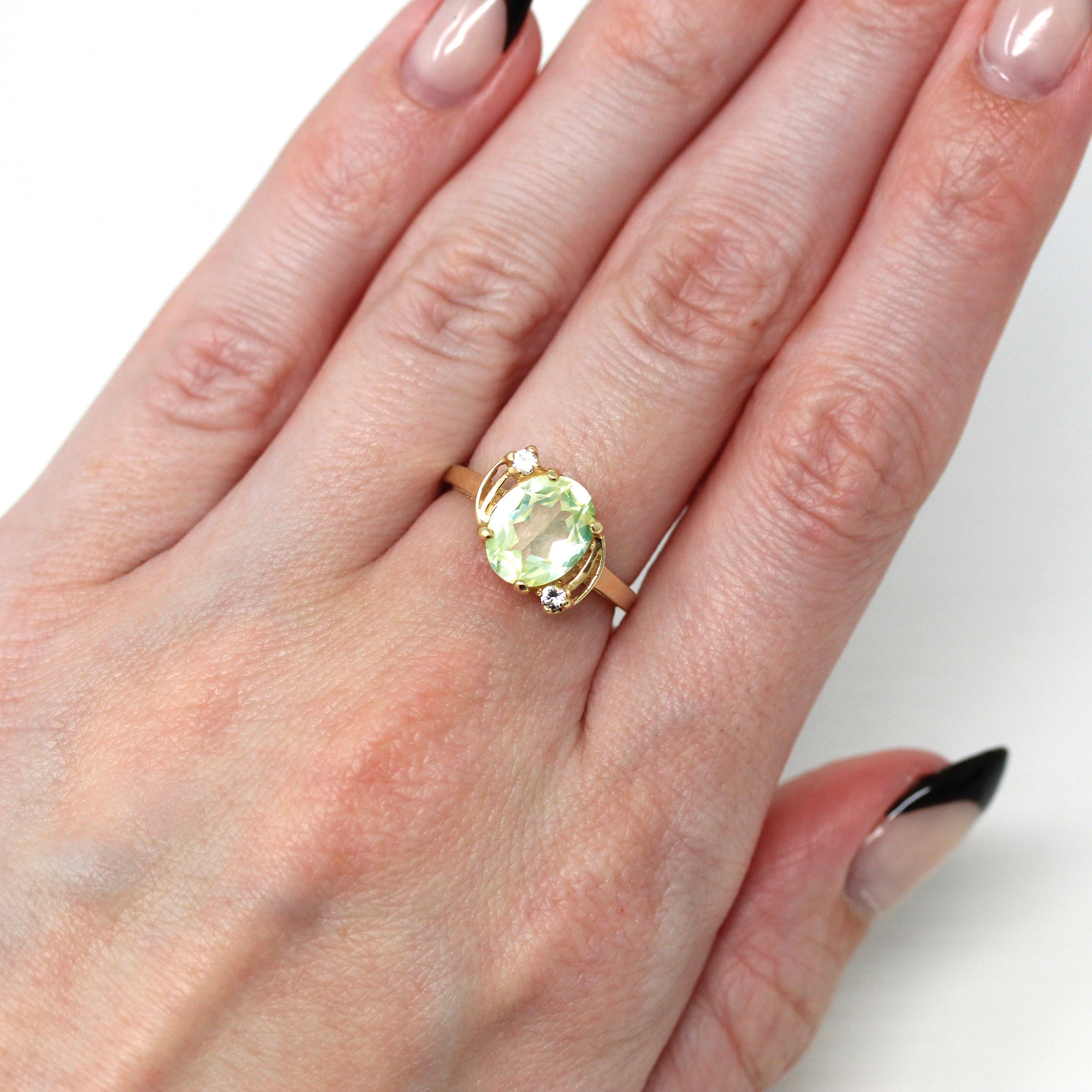 Created Spinel Ring - Retro 10k Yellow Gold Oval Cut Chartreuse Green Statement - Vintage Circa 1940s Size 5 3/4 Unique Fine Jewelry