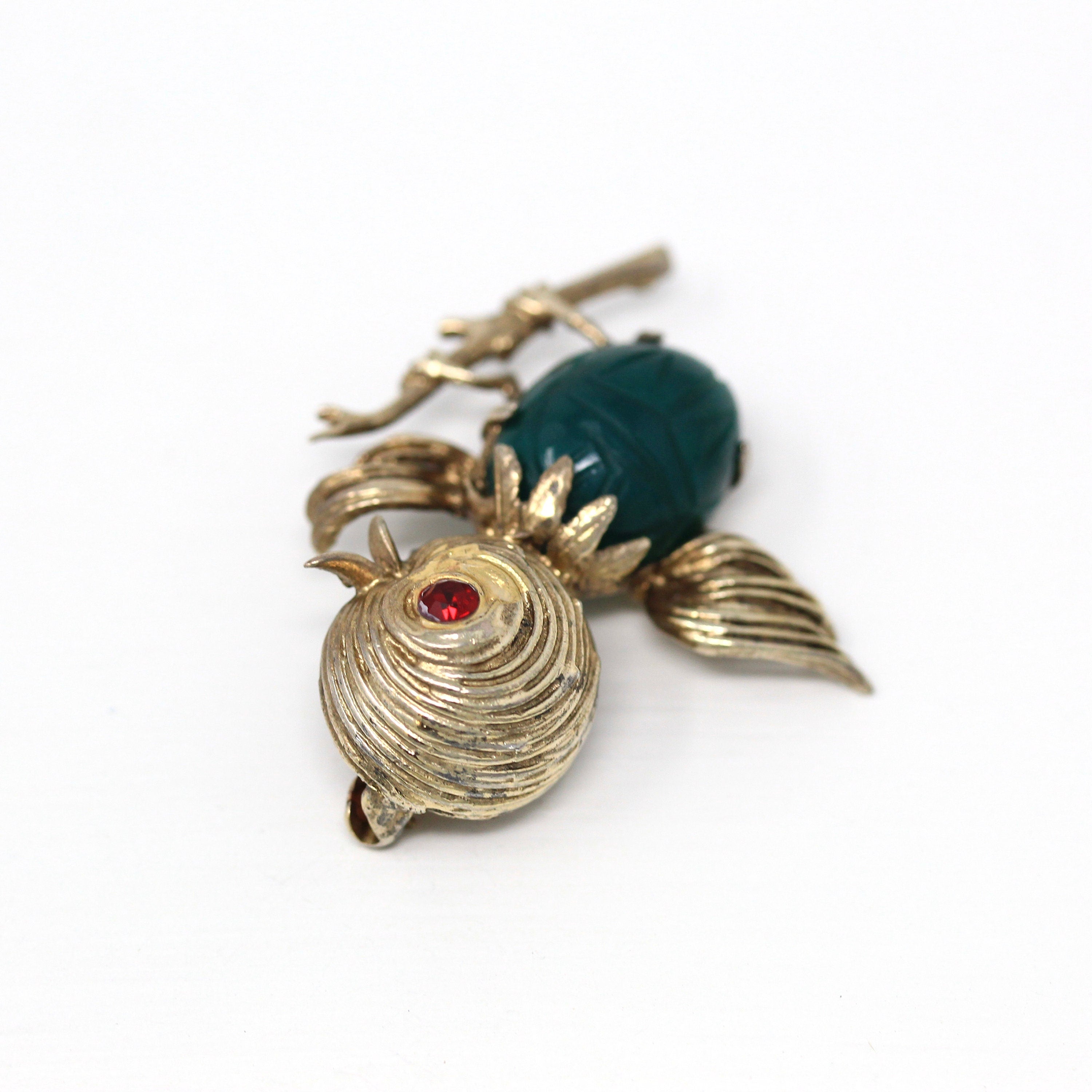 Vintage Bird Brooch - Retro Gold Washed Sterling Silver Genuine Green Chalcedony Scarab Pin - Circa 1970s Era Easter Chick Figural Jewelry