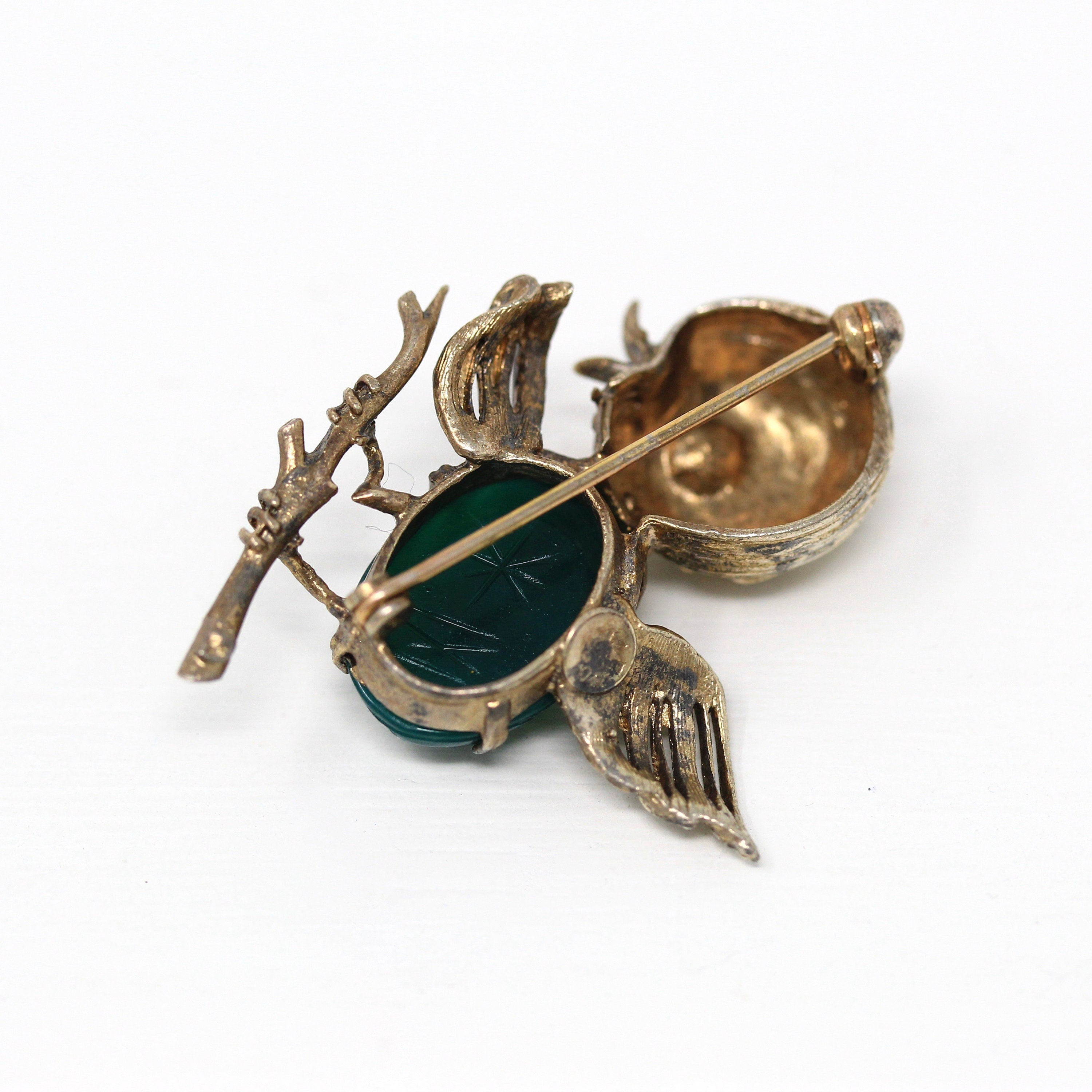 Vintage Bird Brooch - Retro Gold Washed Sterling Silver Genuine Green Chalcedony Scarab Pin - Circa 1970s Era Easter Chick Figural Jewelry