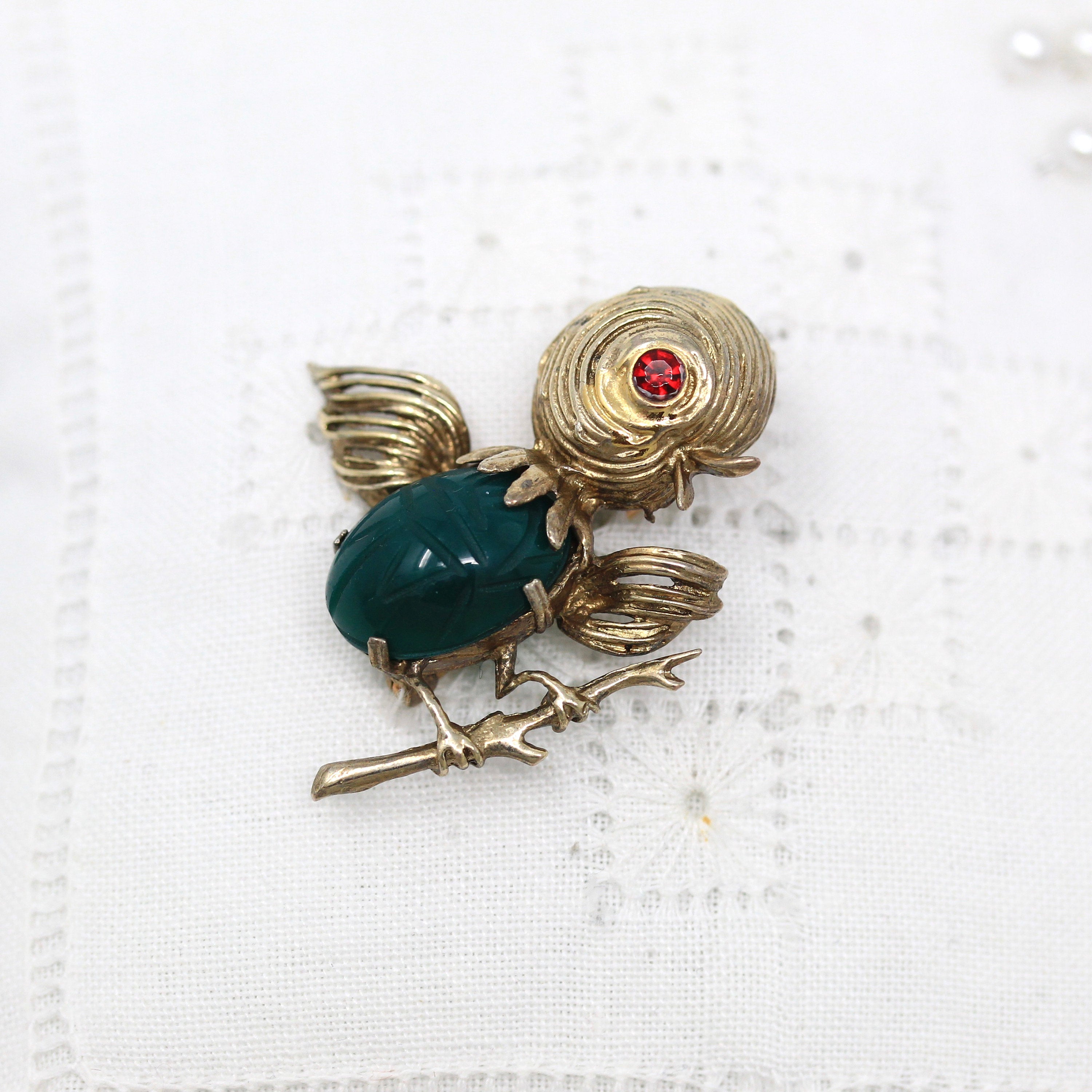 Sale - Vintage Chick Brooch - Retro Gold Washed Sterling Silver Genuine Green Chalcedony Scarab Pin - Circa 1970s Era Bird Figural Jewelry