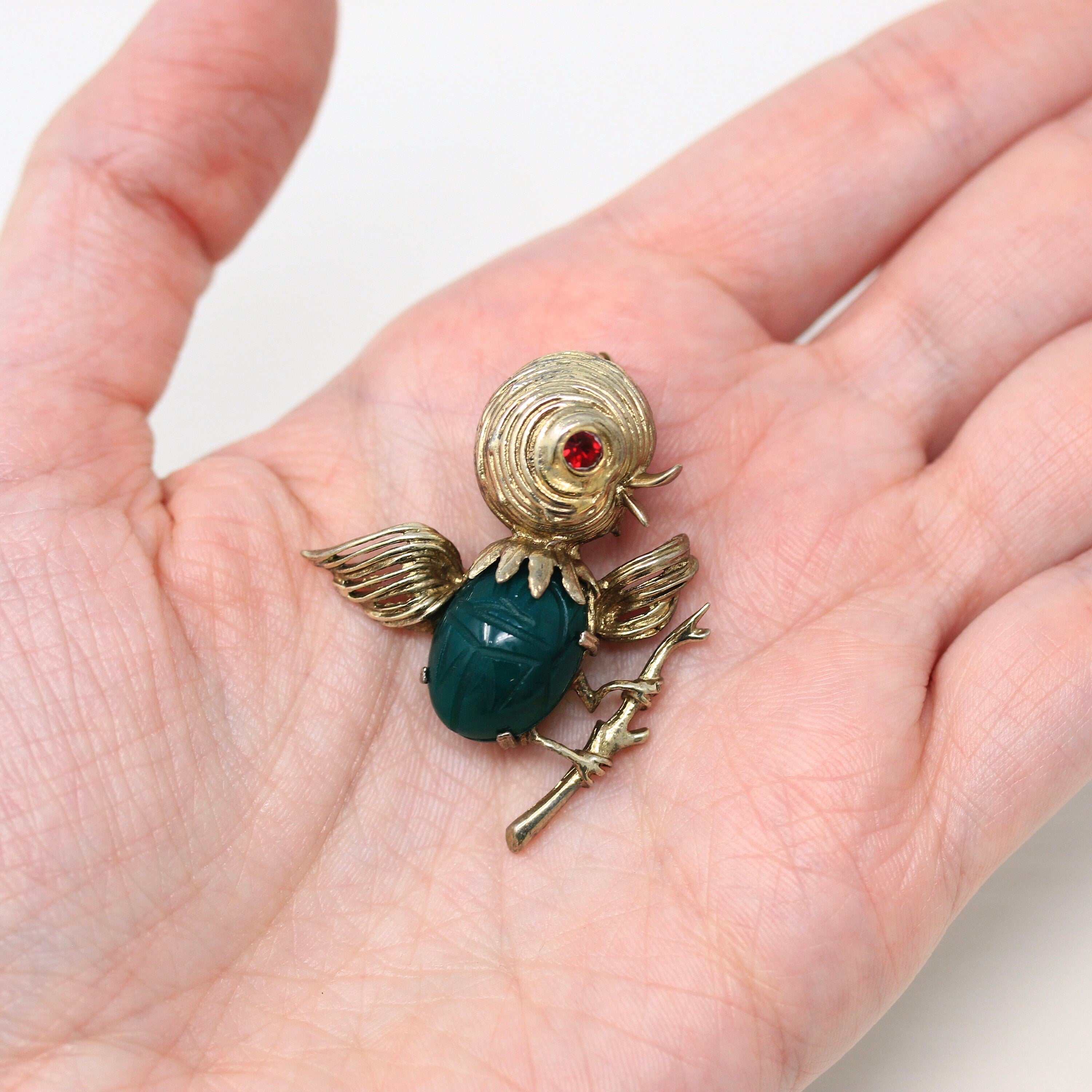 Sale - Vintage Chick Brooch - Retro Gold Washed Sterling Silver Genuine Green Chalcedony Scarab Pin - Circa 1970s Era Bird Figural Jewelry