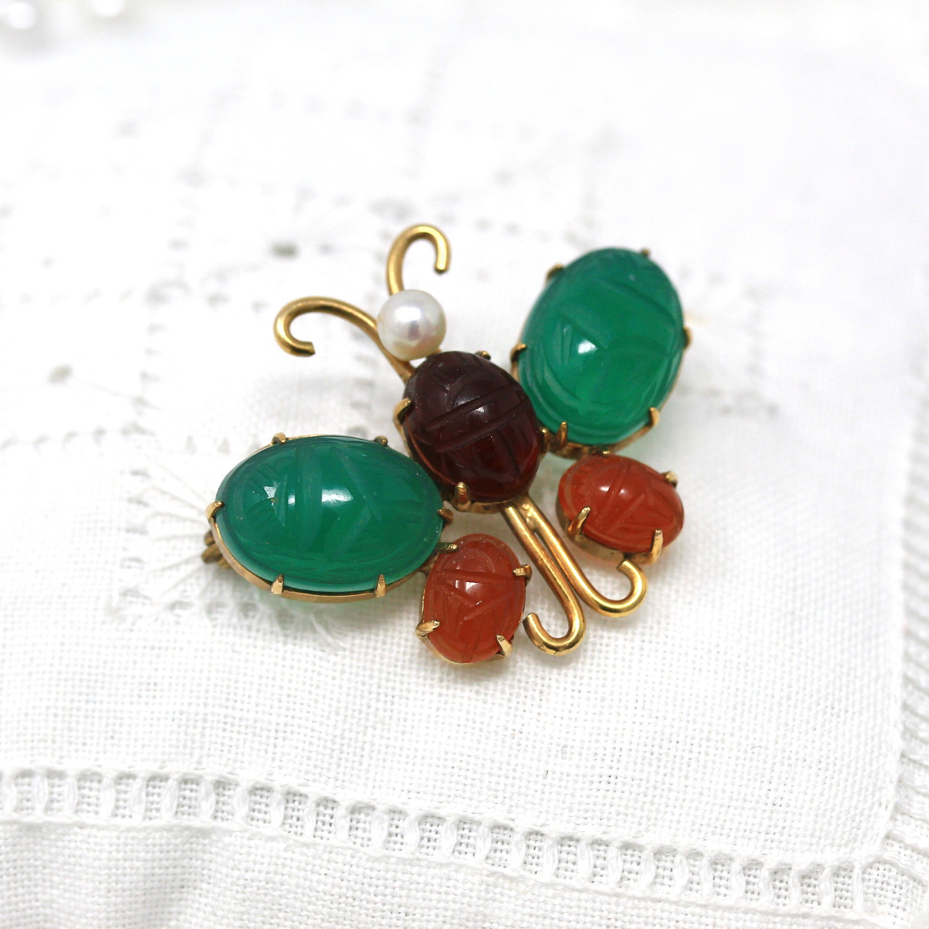 Vintage Butterfly Brooch - Retro 12k Yellow Gold Filled Genuine Green Chalcedony & Carnelian Scarab Pin- Circa 1960s Era Figural WRE Jewelry