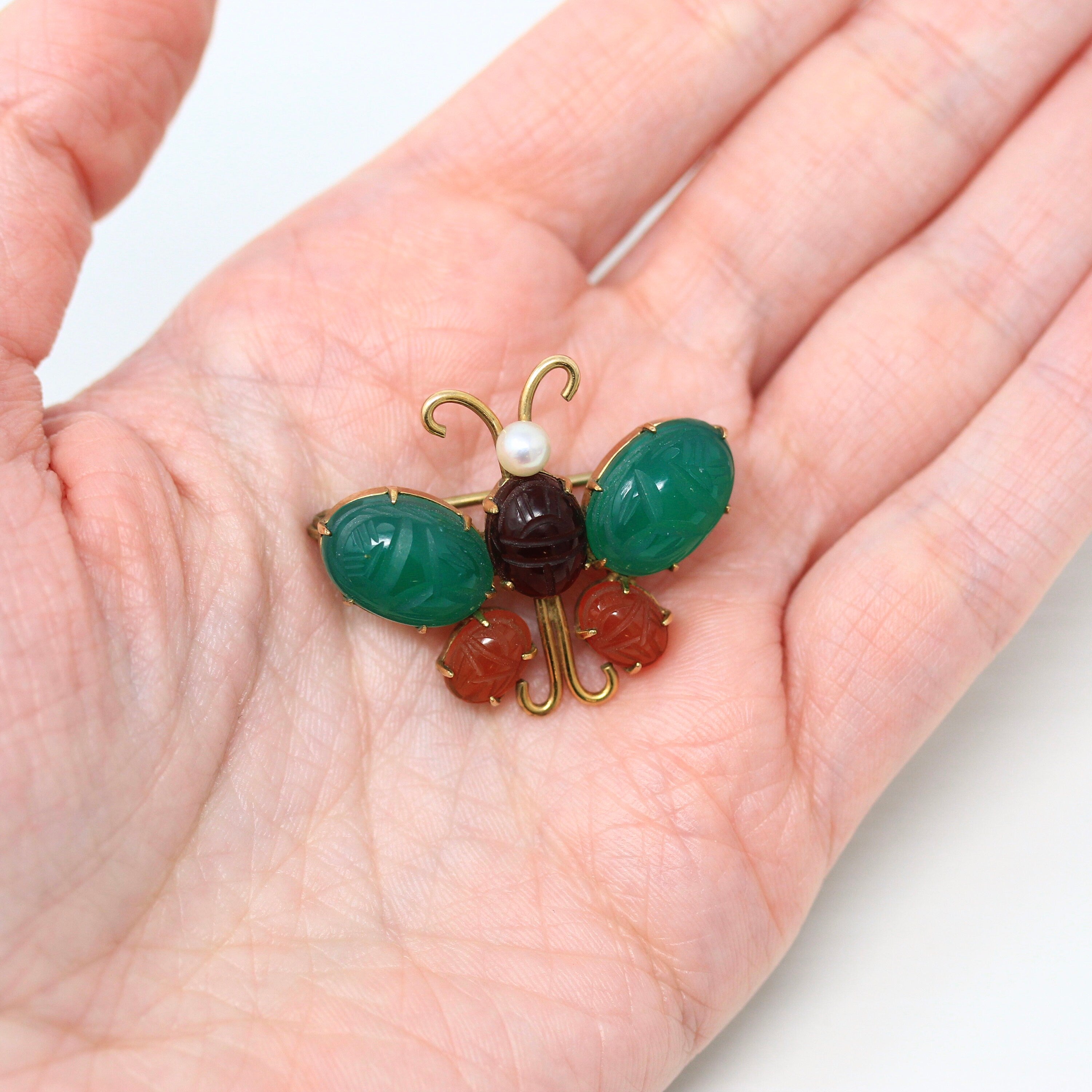 Vintage Butterfly Brooch - Retro 12k Yellow Gold Filled Genuine Green Chalcedony & Carnelian Scarab Pin- Circa 1960s Era Figural WRE Jewelry