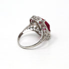 Antique Filigree Ring - Art Deco Era 10k White Gold Filigree Setting Created Ruby Red Stone - Vintage Circa 1920s Size 3.5 Fine 20s Jewelry