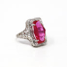 Antique Filigree Ring - Art Deco Era 10k White Gold Filigree Setting Created Ruby Red Stone - Vintage Circa 1920s Size 3.5 Fine 20s Jewelry