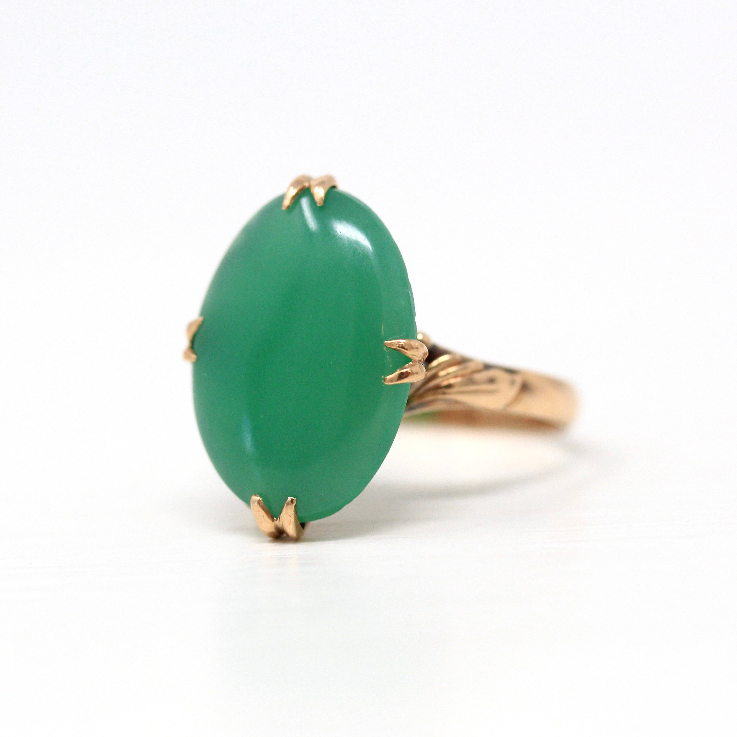 Simulated Jade Ring - Retro 18k Yellow Gold Large Oval Green Glass Cabochon Stone - Vintage Circa 1960s Era Size 7.5 Statement Fine Jewelry