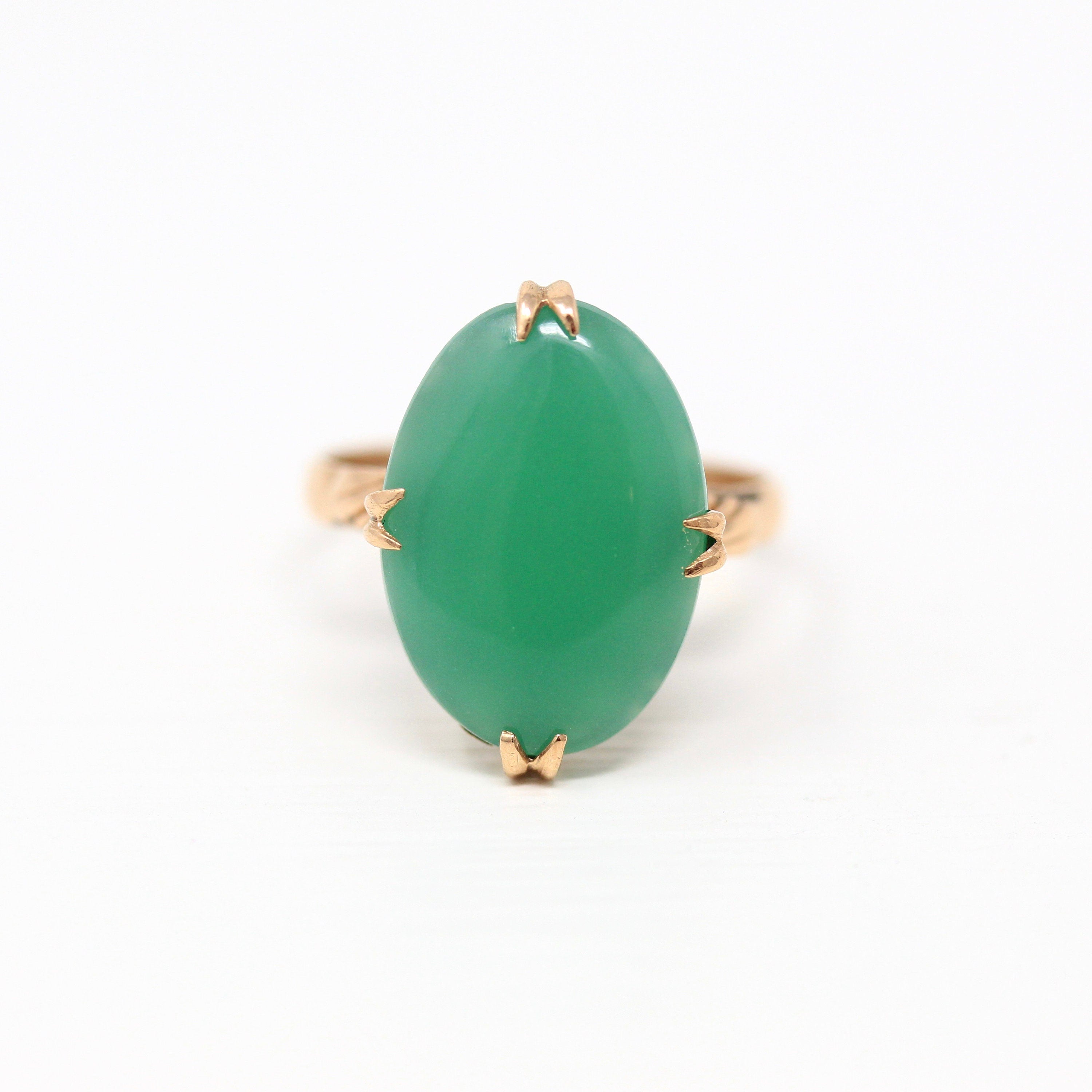 Simulated Jade Ring - Retro 18k Yellow Gold Large Oval Green Glass Cabochon Stone - Vintage Circa 1960s Era Size 7.5 Statement Fine Jewelry