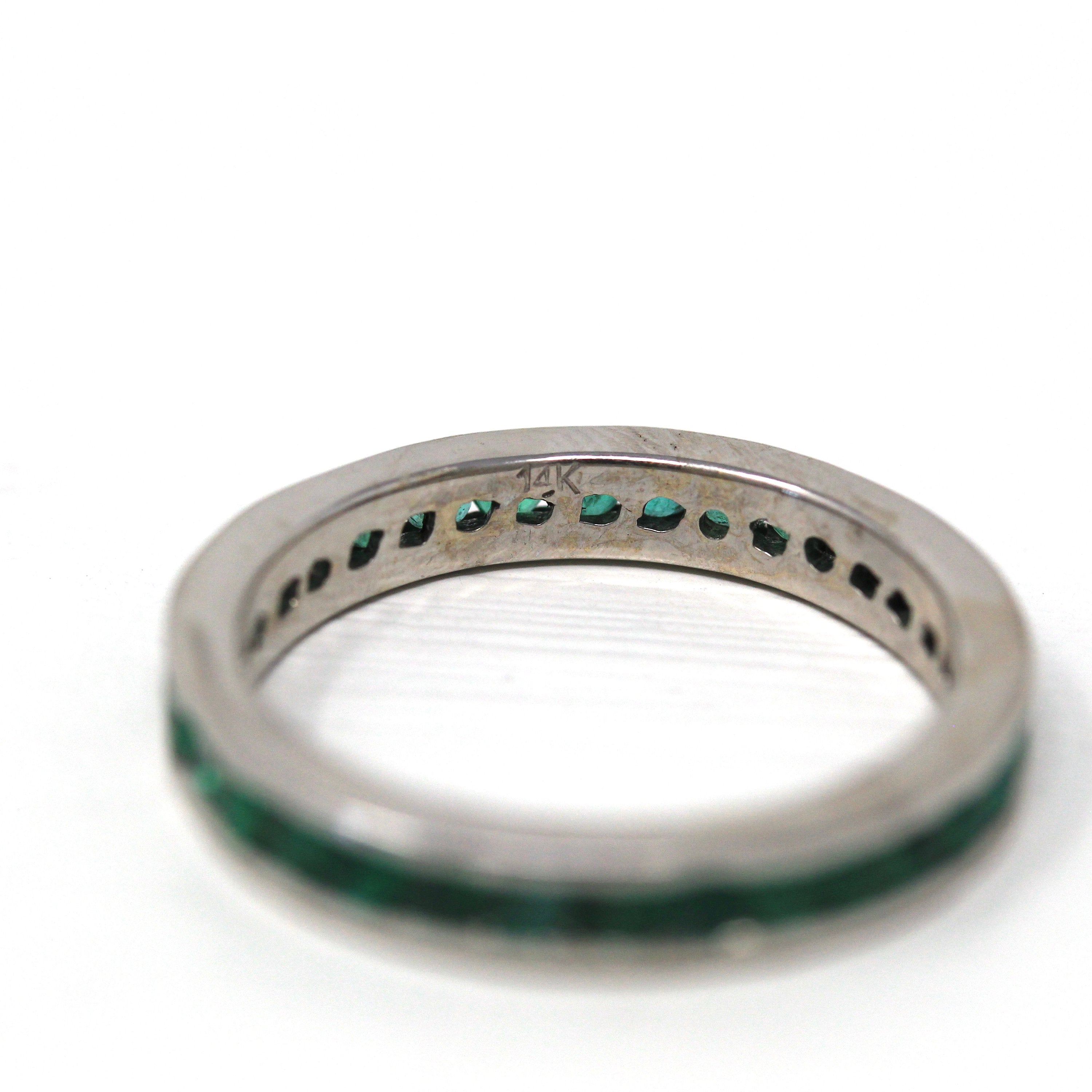 Emerald Eternity Band - 14k White Gold Genuine Green Emerald Gemstone Eternity Ring - Size 8 1/4 Modern Estate Bridal Wedding Fine Jewelry