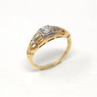 Vintage Engagement Ring - Retro Era 14k-18k White & Yellow Gold 1/10 CT Genuine Diamond Gem - Circa 1940s Size 4.75 Fine 40s Bridal Jewelry