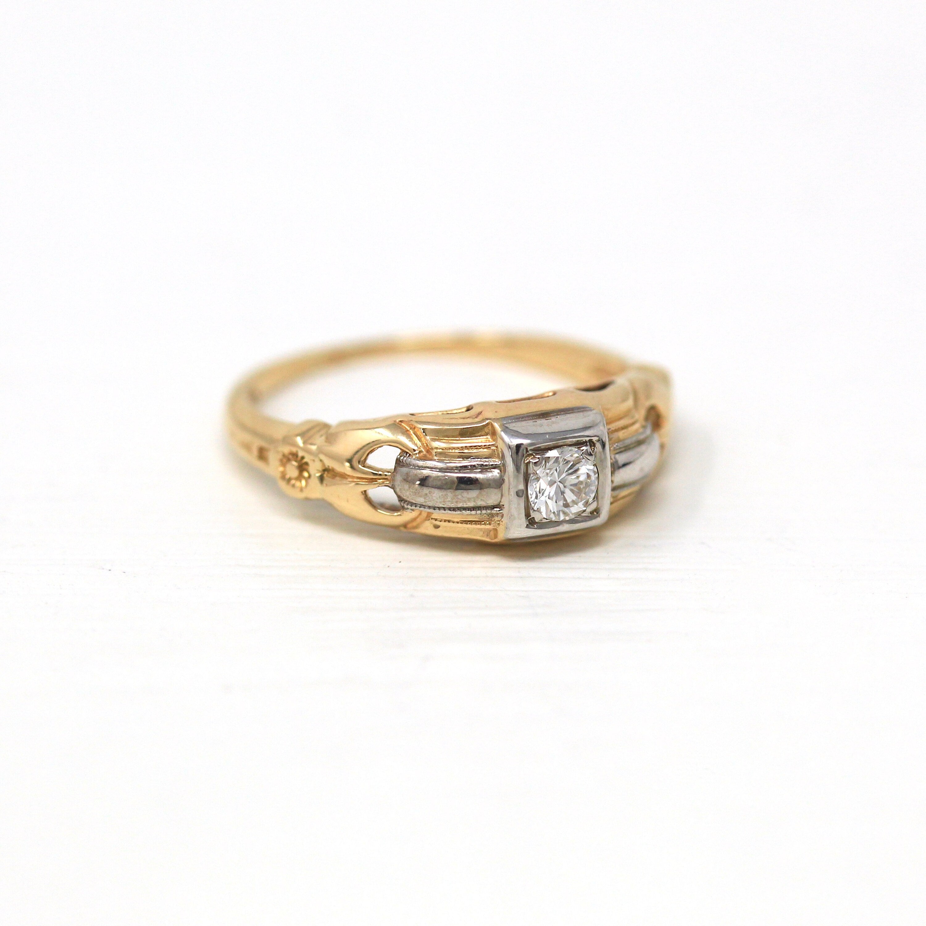 Vintage Engagement Ring - Retro Era 14k-18k White & Yellow Gold 1/10 CT Genuine Diamond Gem - Circa 1940s Size 4.75 Fine 40s Bridal Jewelry