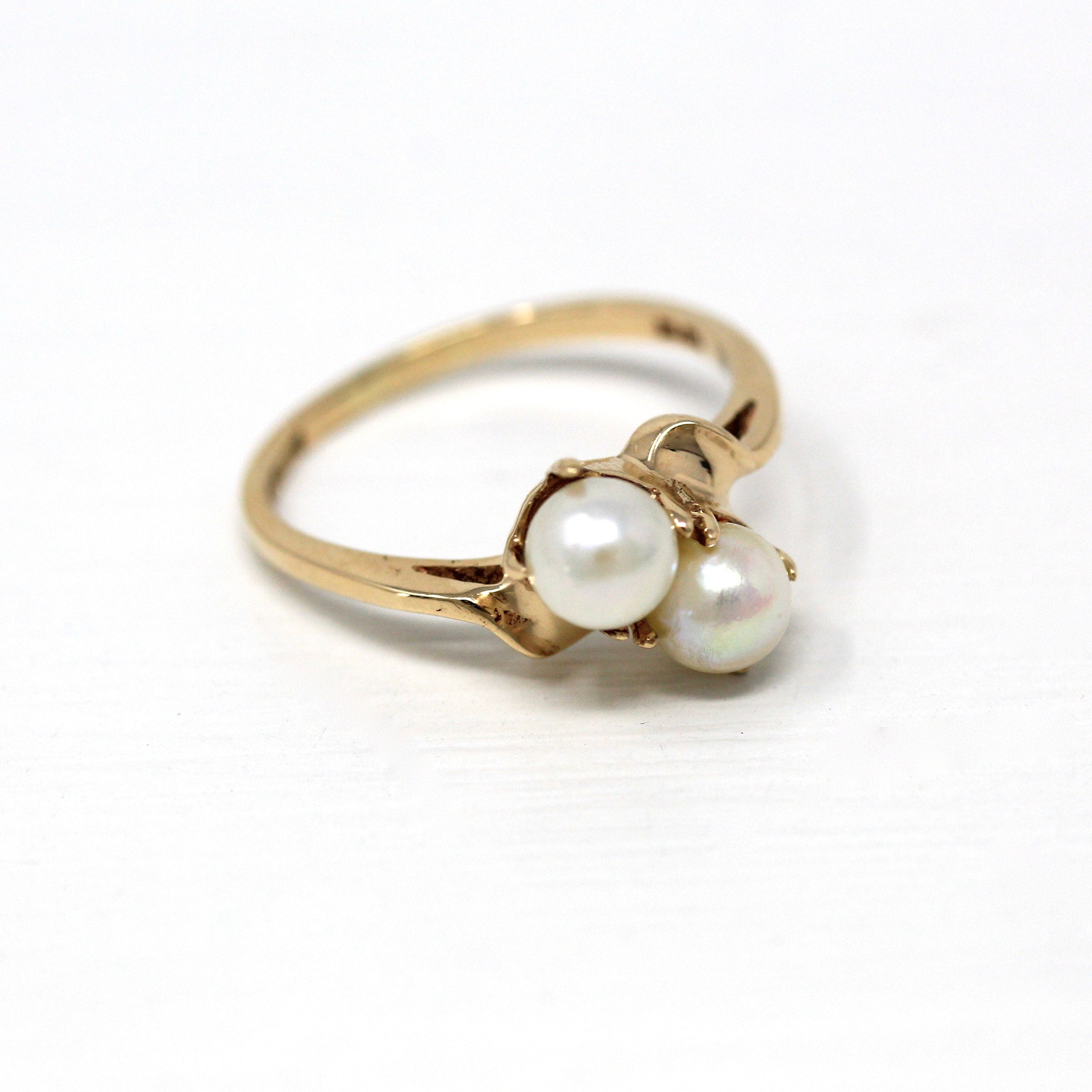 Cultured Pearl Ring - Retro 10k Yellow Gold Toi Et Moi Two Gem Bypass Statement - Vintage Circa 1940s Size 7 June Birthstone Fine Jewelry