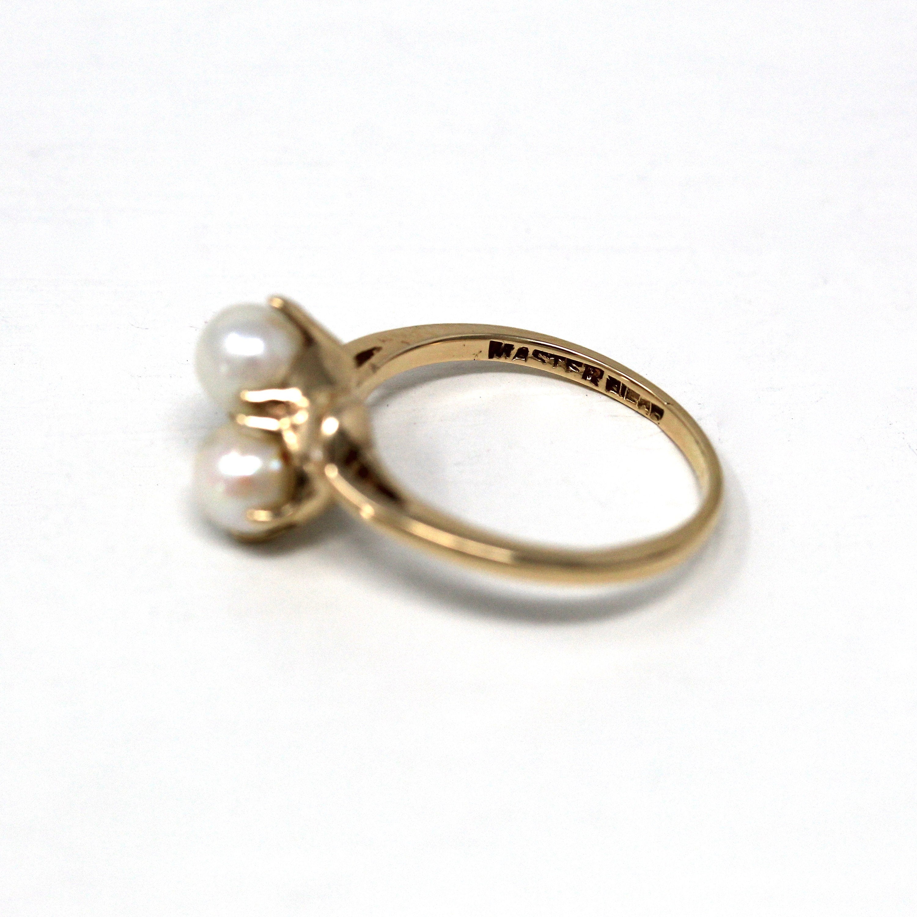 Cultured Pearl Ring - Retro 10k Yellow Gold Toi Et Moi Two Gem Bypass Statement - Vintage Circa 1940s Size 7 June Birthstone Fine Jewelry