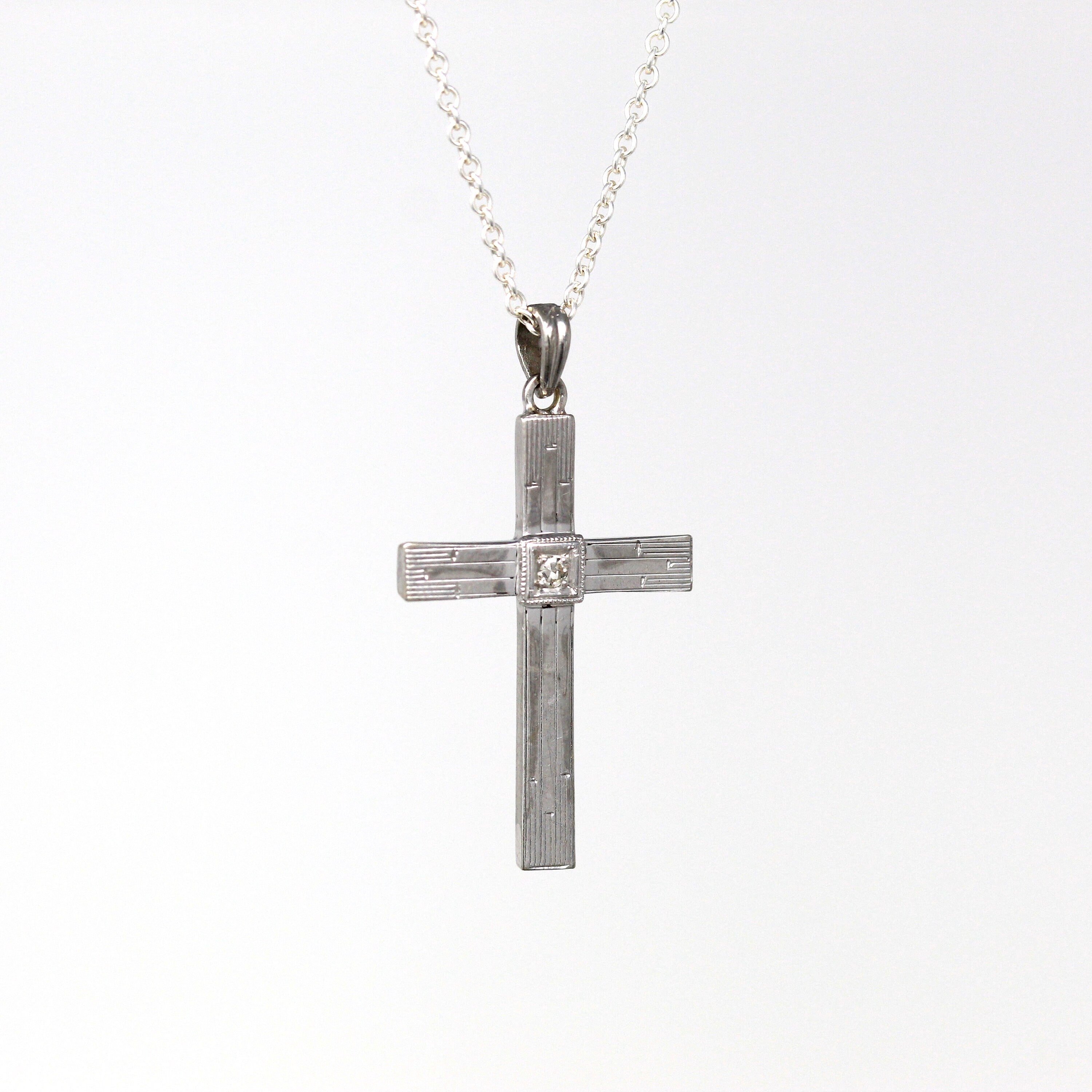 Vintage Cross Necklace - Mid Century 10k White Gold Genuine .03 CT Diamond Gem Pendant - Circa 1950s Era Religious Faith Fine 50s Jewelry