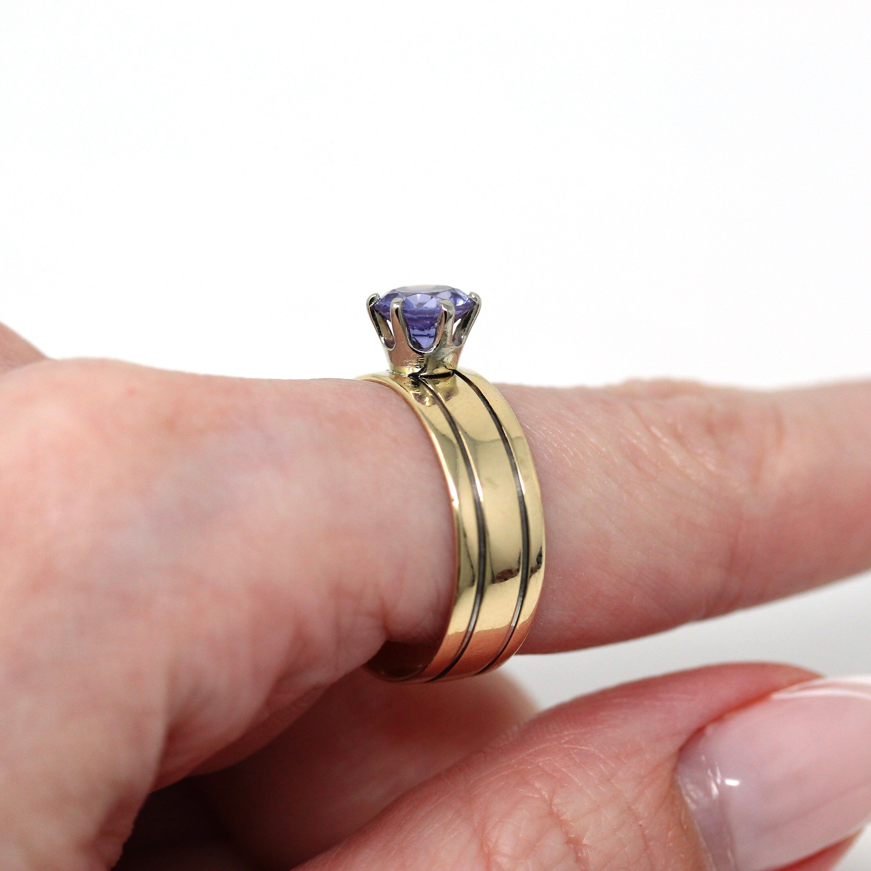 Created Sapphire Ring - Vintage 10k Yellow Gold Round Facet Pink Purple Stone Solitaire - Retro Circa 1970s Size 8.5 Statement Fine Jewelry