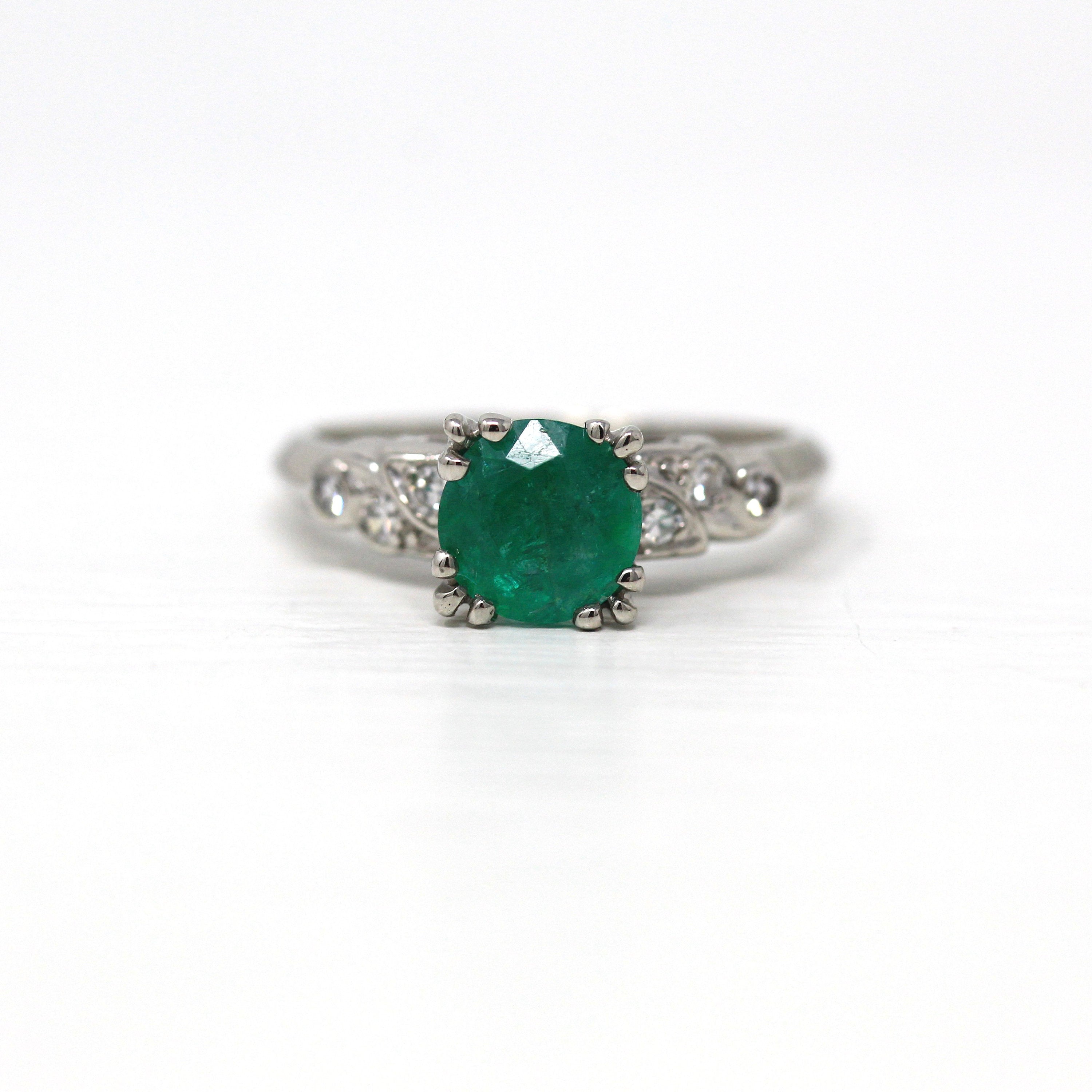 Sale - Vintage Emerald Ring - Mid Century Platinum Round Faceted 1.16 CT Green Gemstone - Vintage Circa 1950s Era Size 6 1/2 50s Gem Jewelry