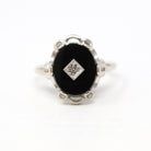 Vintage Onyx Ring - Mid Century Era 10k White Gold Genuine Black Oval Gemstone - Circa 1950s Size 7 1/4 Scalloped Design Fine 50s Jewelry