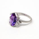 Created Sapphire Ring - Mid Century Era 10k White Gold Purple Violet Fancy Cut Stone - Circa 1950s Size 6.25 Statement 50s Fine MCM Jewelry