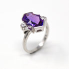 Created Sapphire Ring - Mid Century Era 10k White Gold Purple Violet Fancy Cut Stone - Circa 1950s Size 6.25 Statement 50s Fine MCM Jewelry