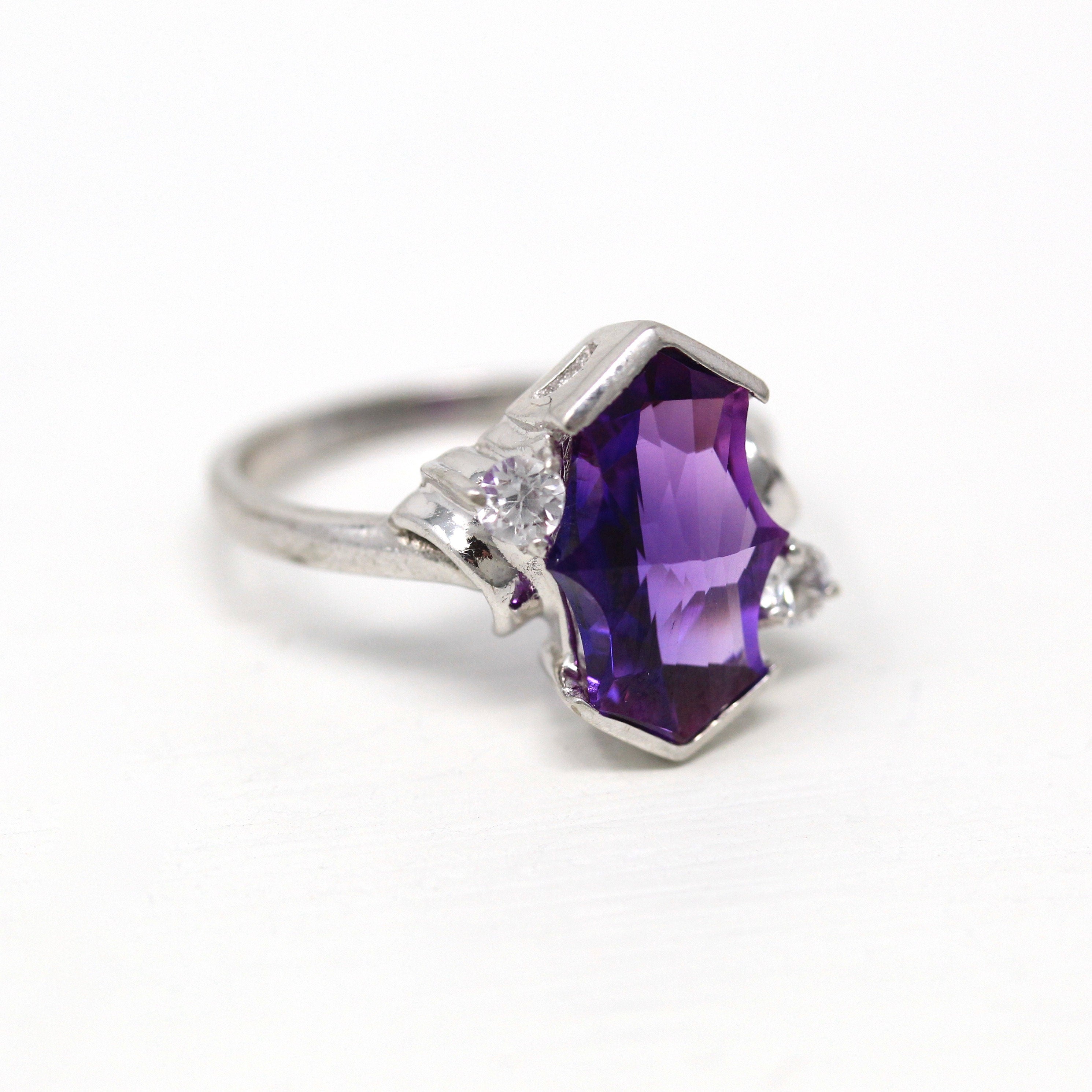 Created Sapphire Ring - Mid Century Era 10k White Gold Purple Violet Fancy Cut Stone - Circa 1950s Size 6.25 Statement 50s Fine MCM Jewelry