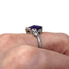 Created Sapphire Ring - Mid Century Era 10k White Gold Purple Violet Fancy Cut Stone - Circa 1950s Size 6.25 Statement 50s Fine MCM Jewelry