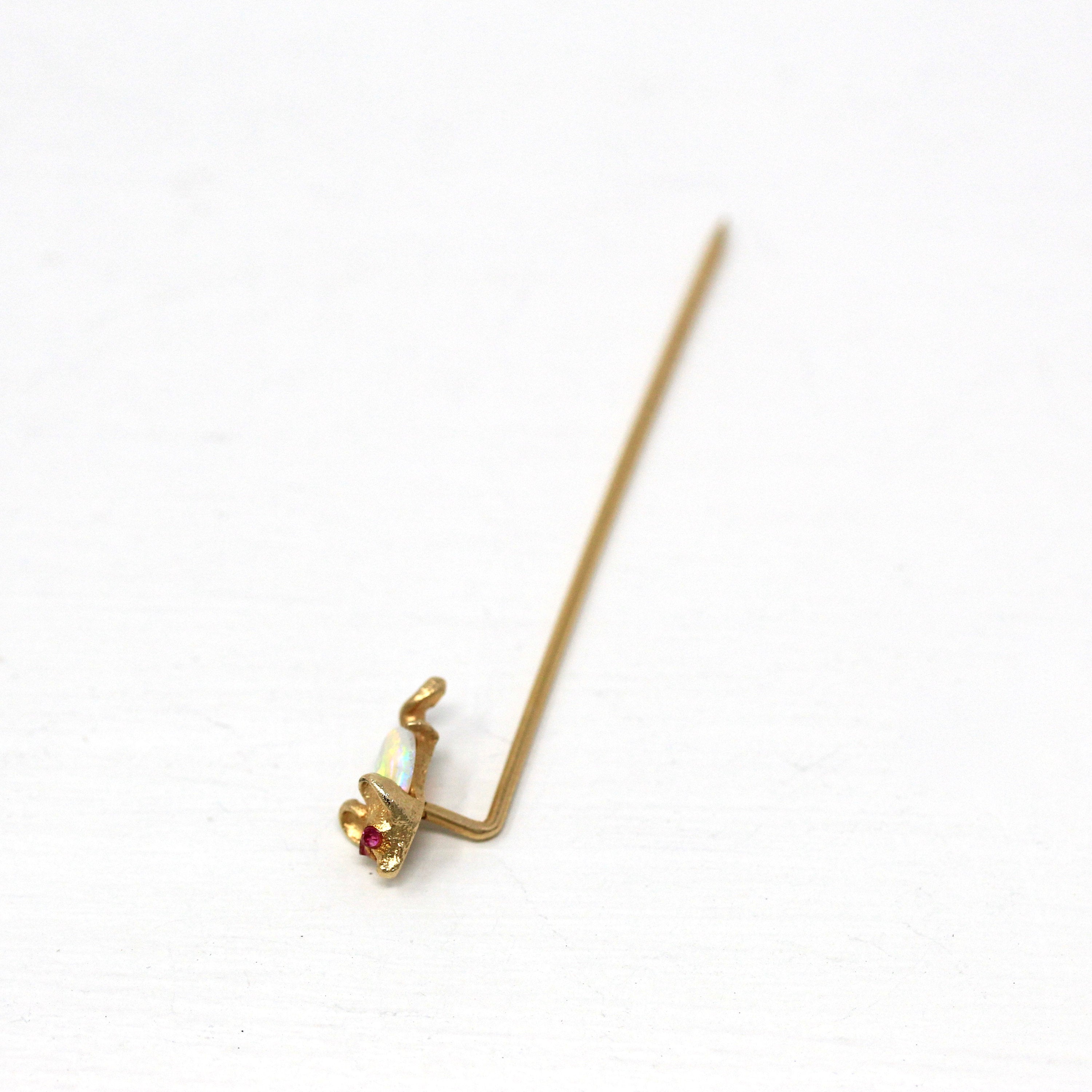 Mouse Stick Pin - Retro 14k Yellow Gold Figural Animal Neckwear - Vintage Circa 1960s Fine Fashion Accessory Genuine Opal Jewelry