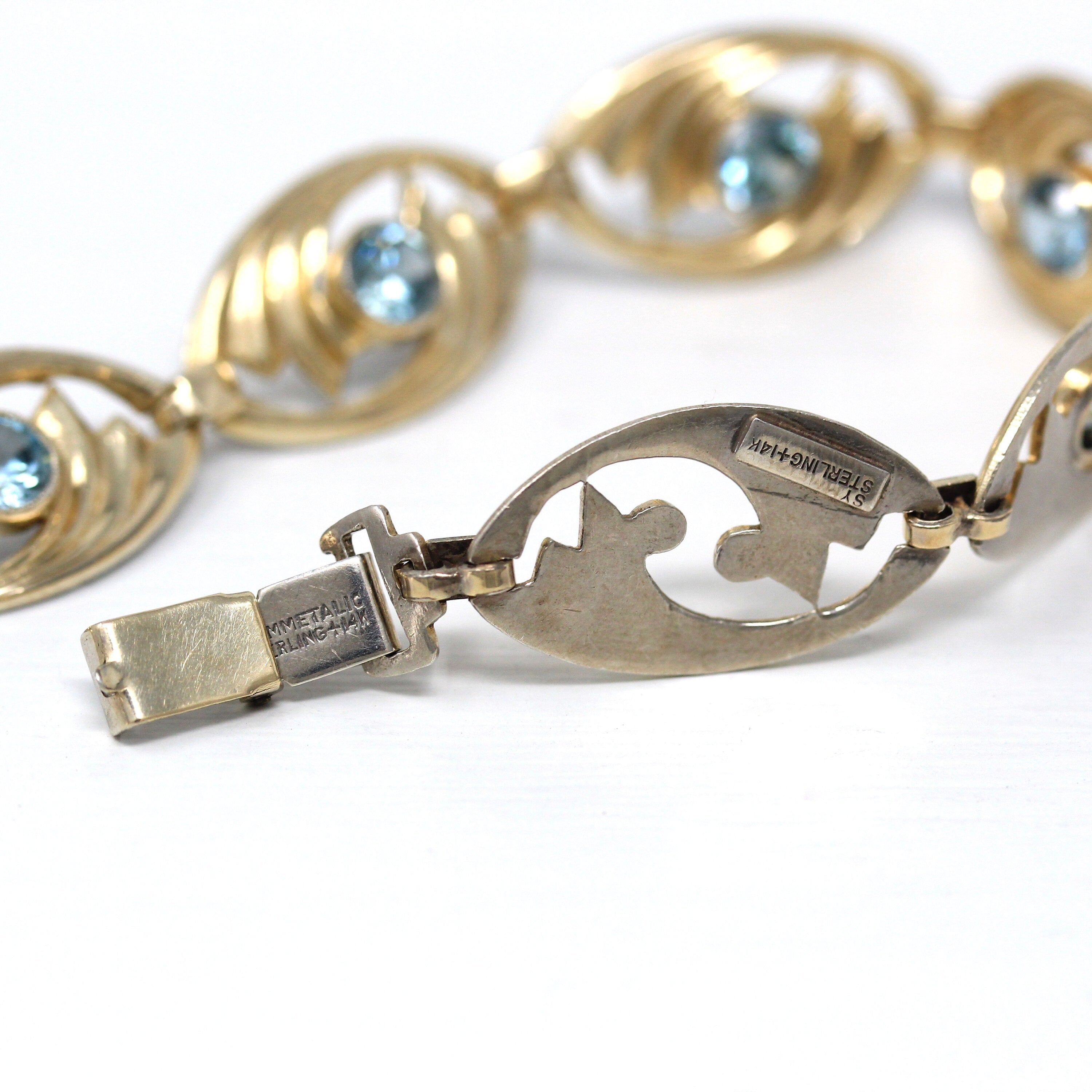 Genuine Zircon Bracelet - Retro 14k Gold Filled Sterling Silver Blue 4.75 CTW Gemstones - Vintage Circa 1940s Era Symmetallic Panel Jewelry