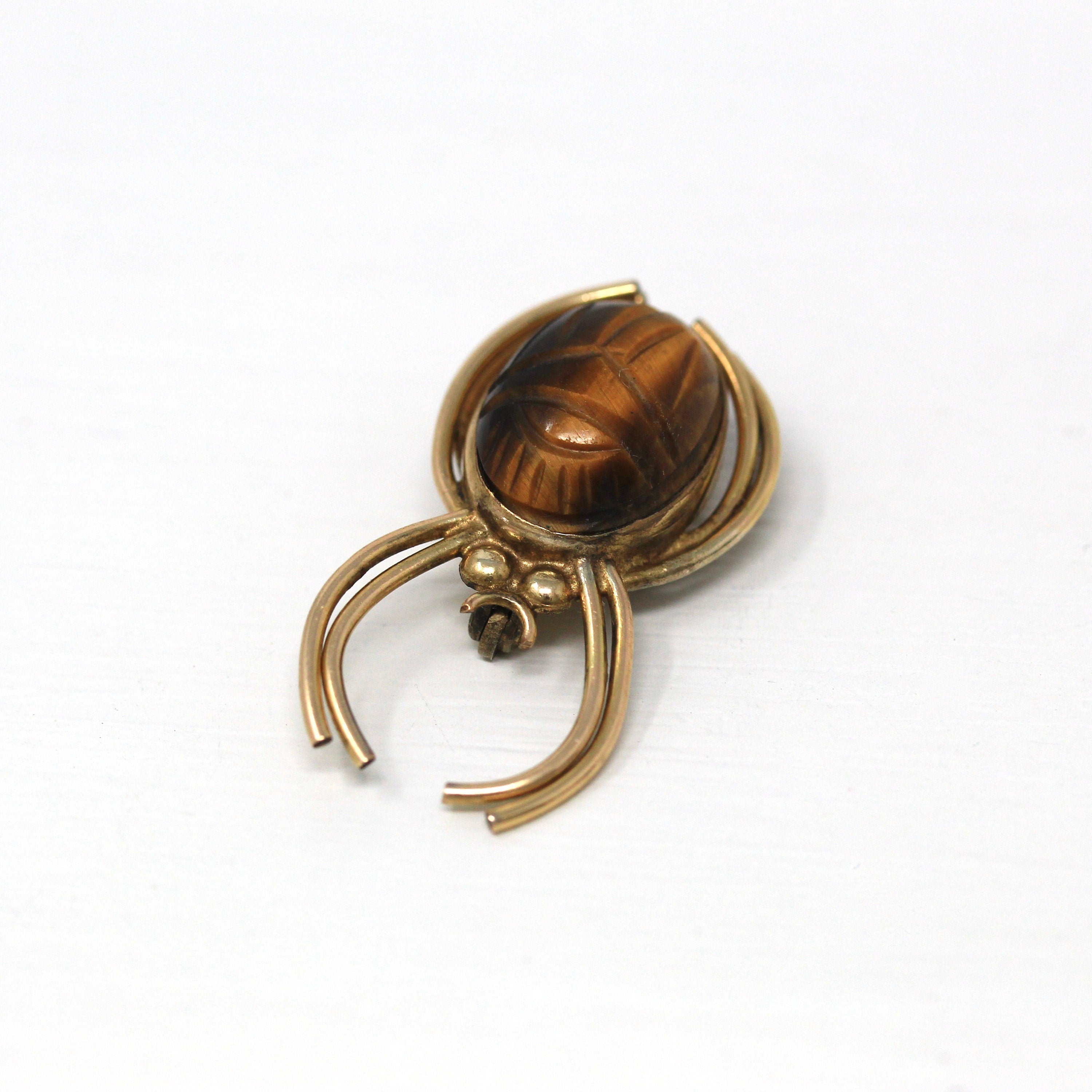 Vintage Spider Brooch - Retro 12k Yellow Gold Filled Genuine Tiger's Eye Scarab Pin - Circa 1960s Era Figural Brown Gemstone WRE 60s Jewelry