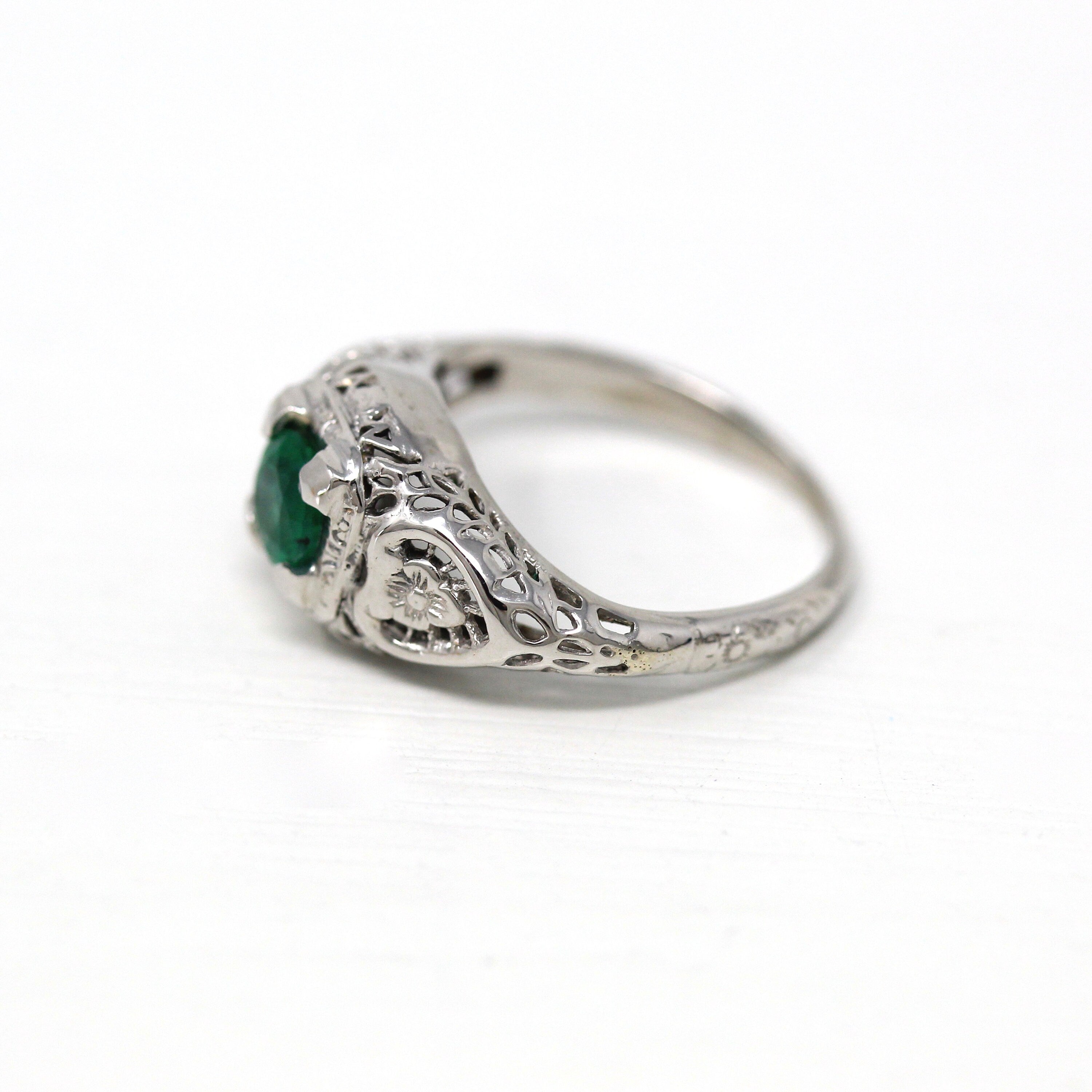 Sale - Vintage Belais Emerald Ring - Art Deco 18k White Gold Filigree Floral Engagement - Circa 1930s Size 4 Green .40 CT Gemstone Jewelry