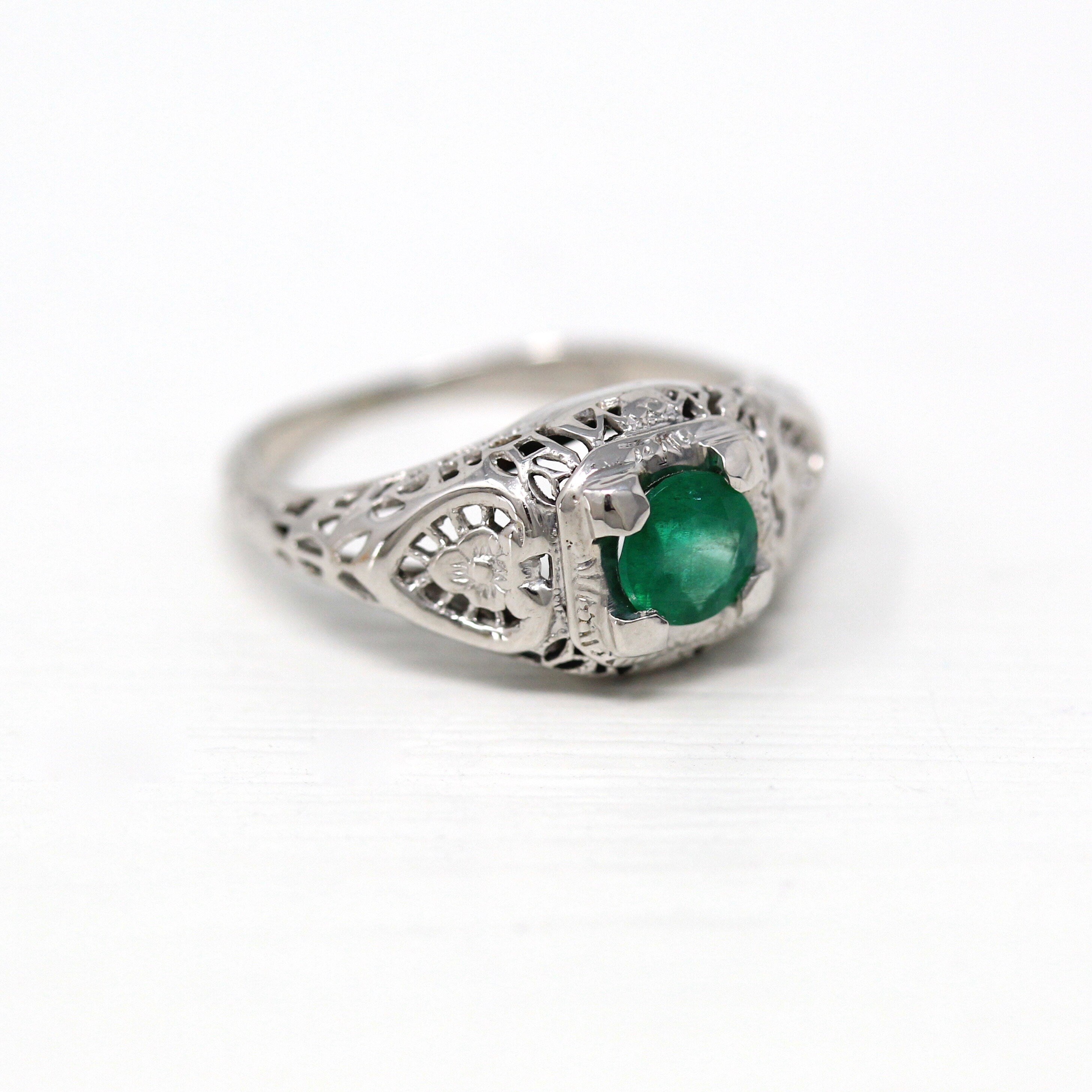 Sale - Vintage Belais Emerald Ring - Art Deco 18k White Gold Filigree Floral Engagement - Circa 1930s Size 4 Green .40 CT Gemstone Jewelry