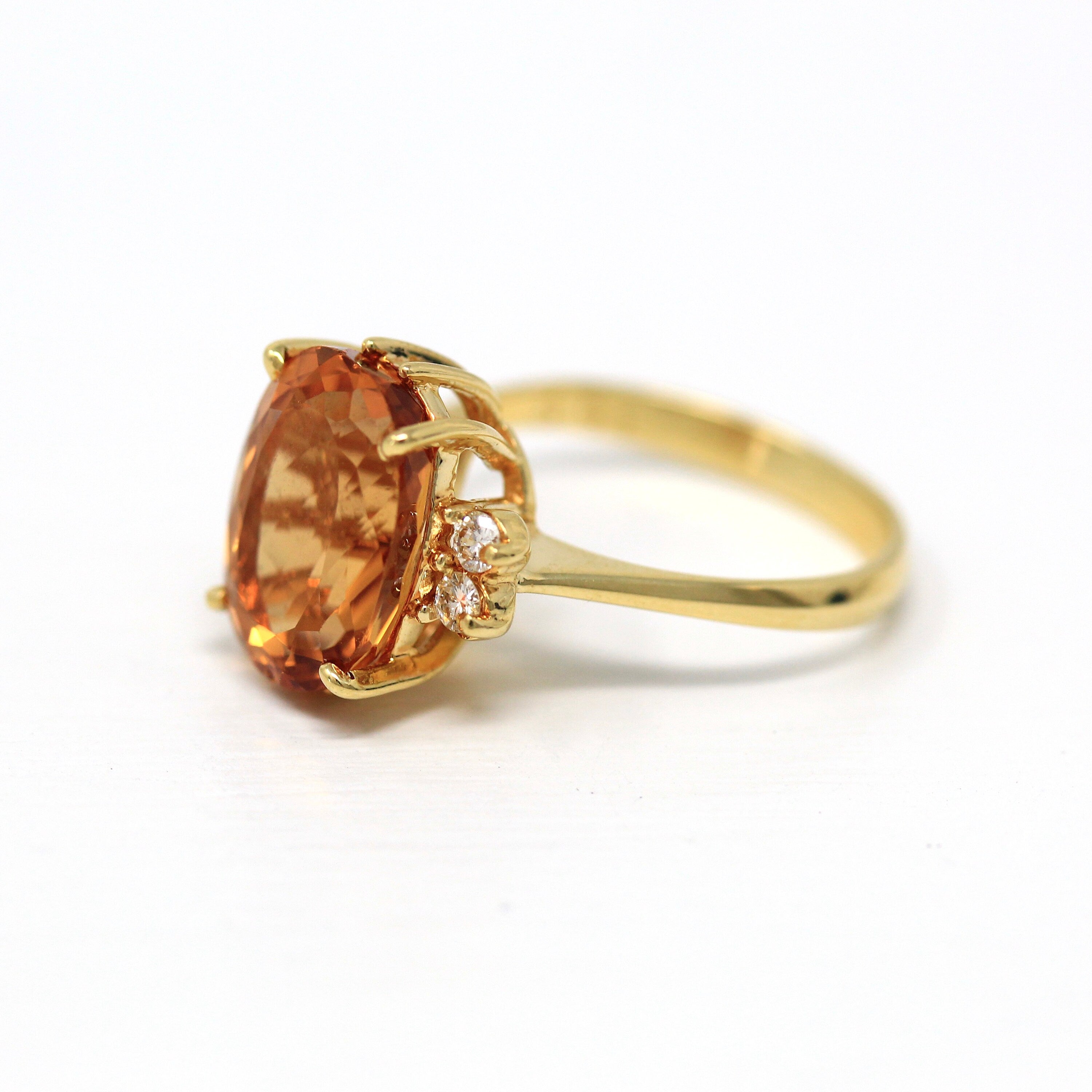 Orange Topaz Ring - Modern 18k Yellow Gold Oval Faceted 4.87 CT Genuine Gemstone - Estate Circa 2000's Era Size 5 1/4 Diamonds Fine Jewelry