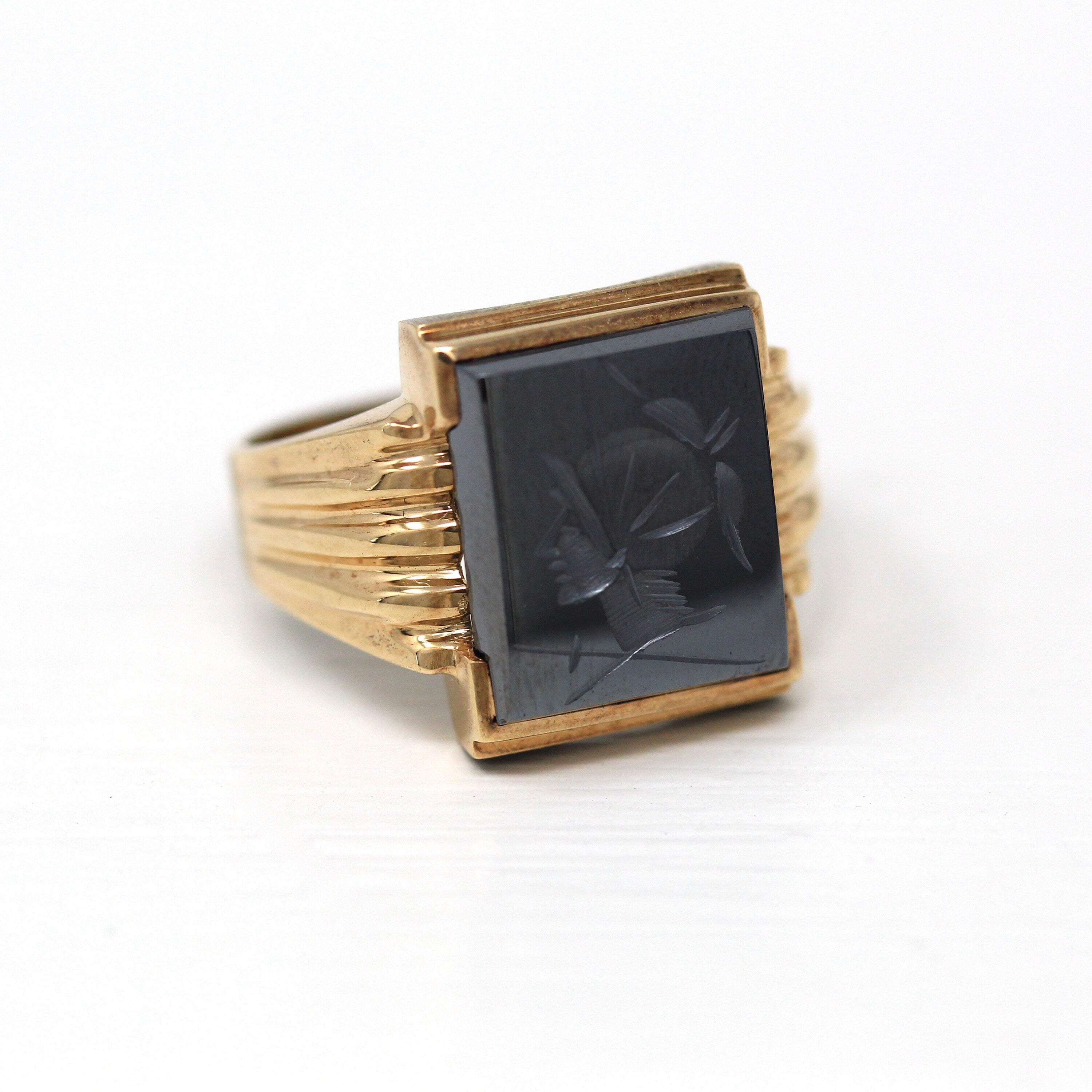 Sale - Vintage Hematite Ring - Retro 10k Yellow Gold Intaglio Carved Gray Roman Gem Warrior - Circa 1960s Era Size 9 3/4 Statement Jewelry