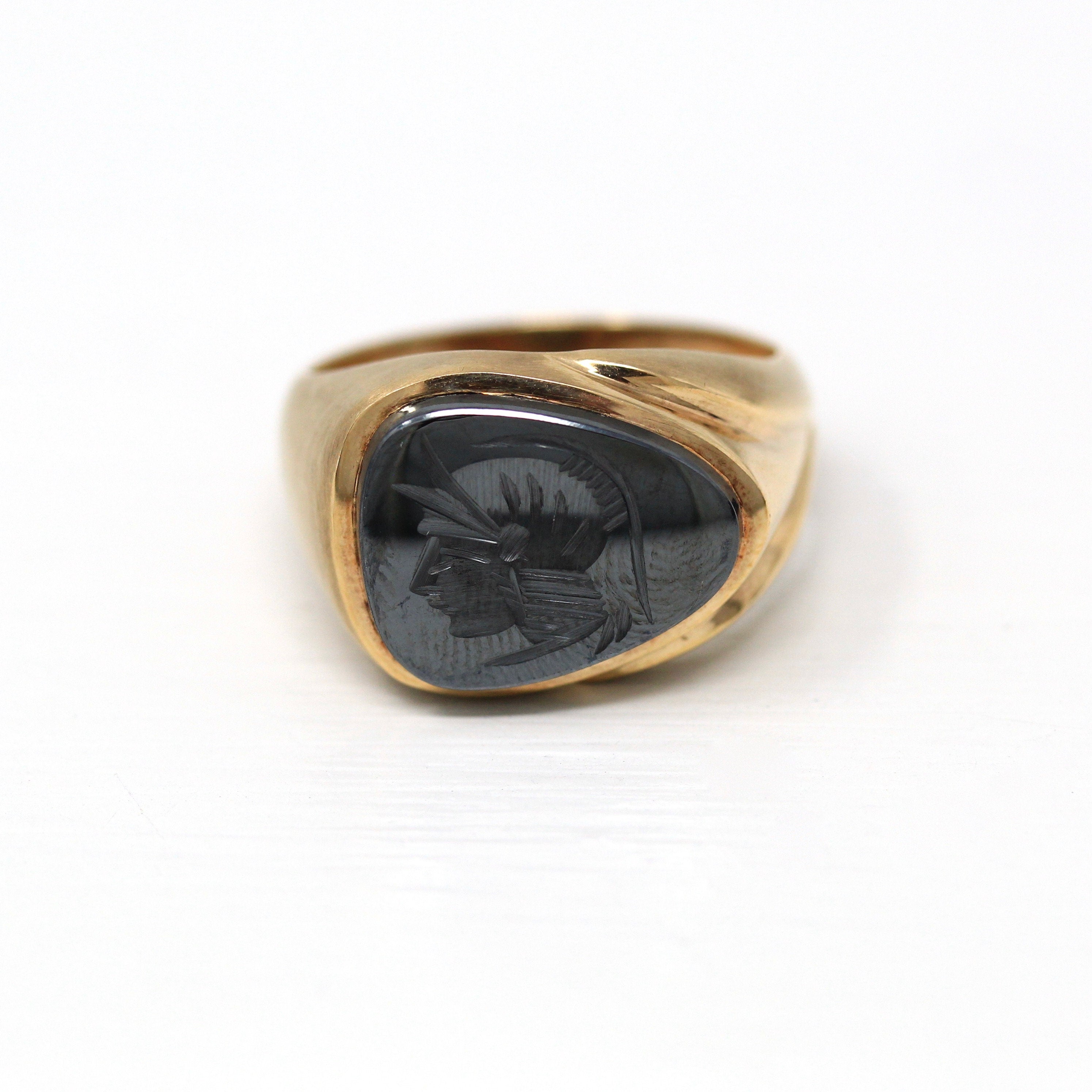 Sale Vintage Hematite Ring Retro 10k Yellow Gold Intaglio Carved G MJV