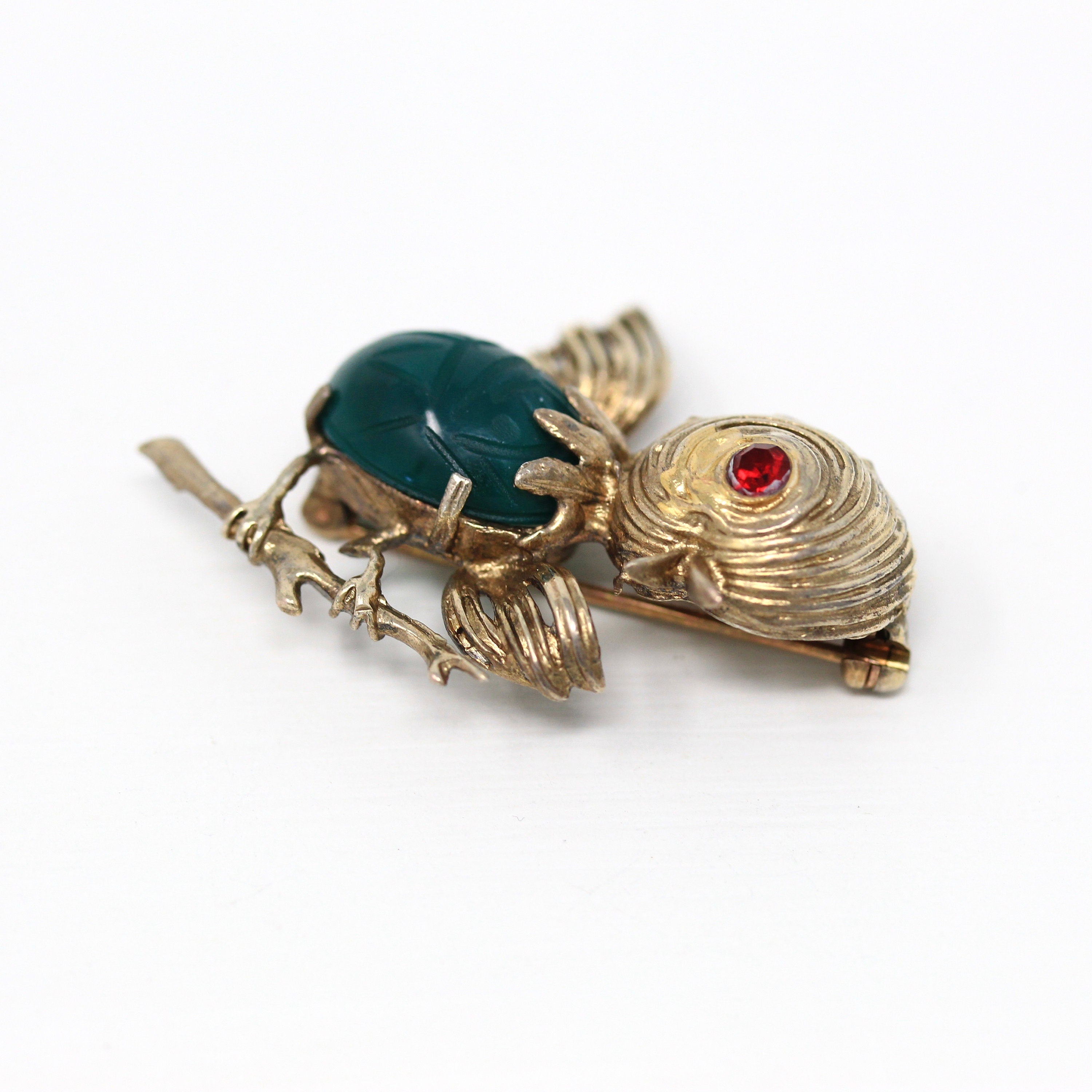 Vintage Bird Brooch - Retro Gold Washed Sterling Silver Genuine Green Chalcedony Scarab Pin - Circa 1970s Era Easter Chick Figural Jewelry