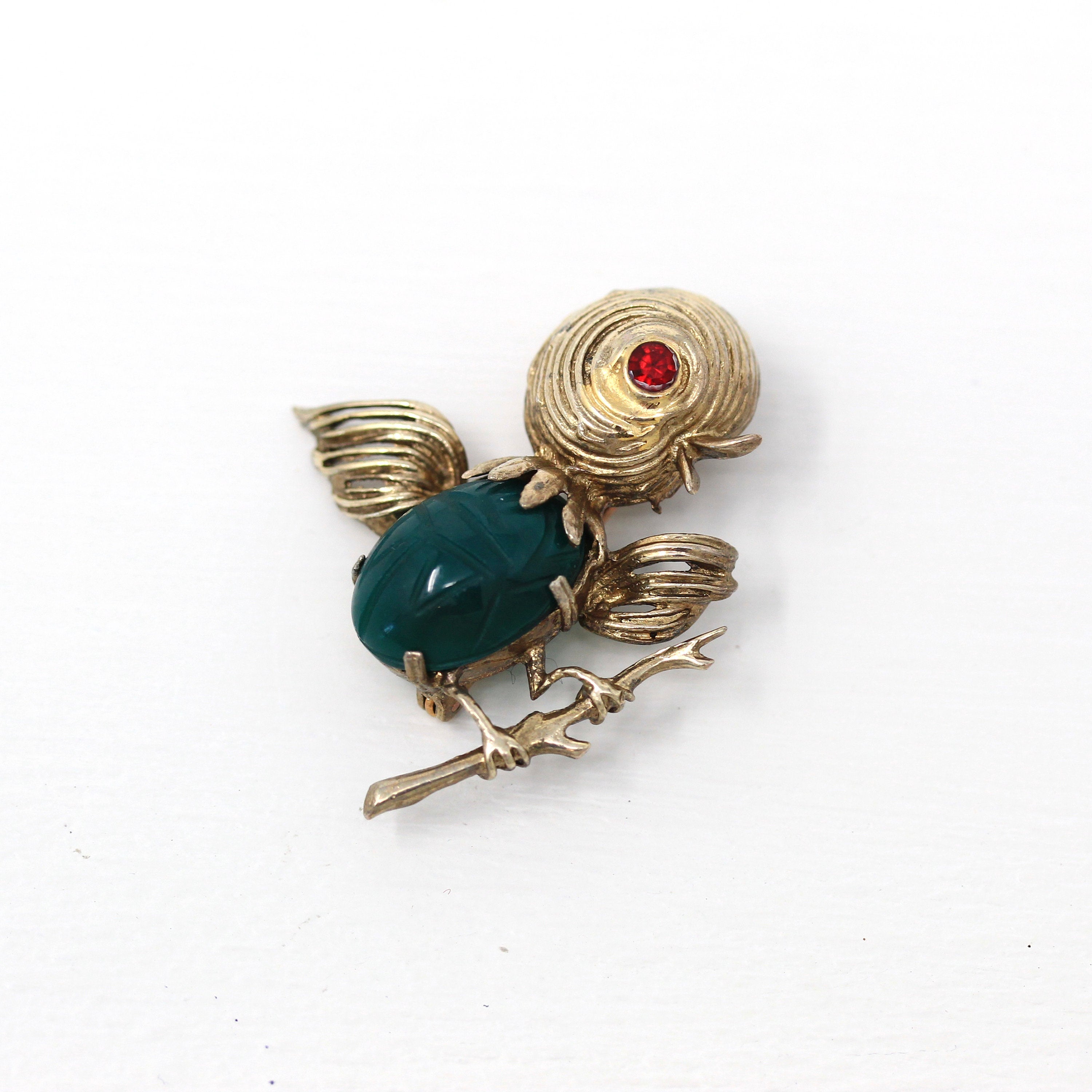 Sale - Vintage Chick Brooch - Retro Gold Washed Sterling Silver Genuine Green Chalcedony Scarab Pin - Circa 1970s Era Bird Figural Jewelry