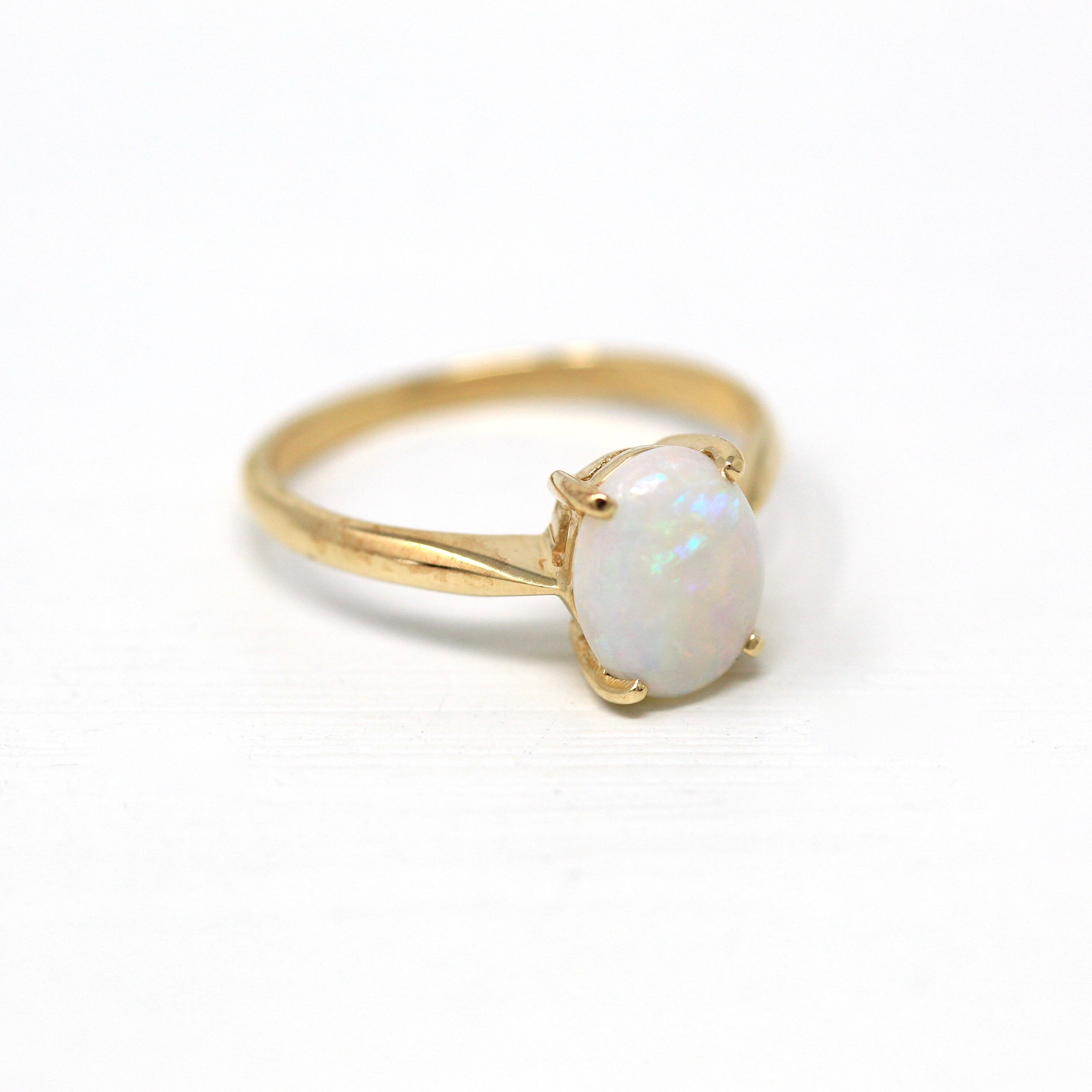 Genuine Opal Ring - Modern 14k Yellow Gold Oval Cabochon 1.06 CT Gem - Estate Circa 2000's Era Size 6 3/4 October Birthstone Fine Jewelry