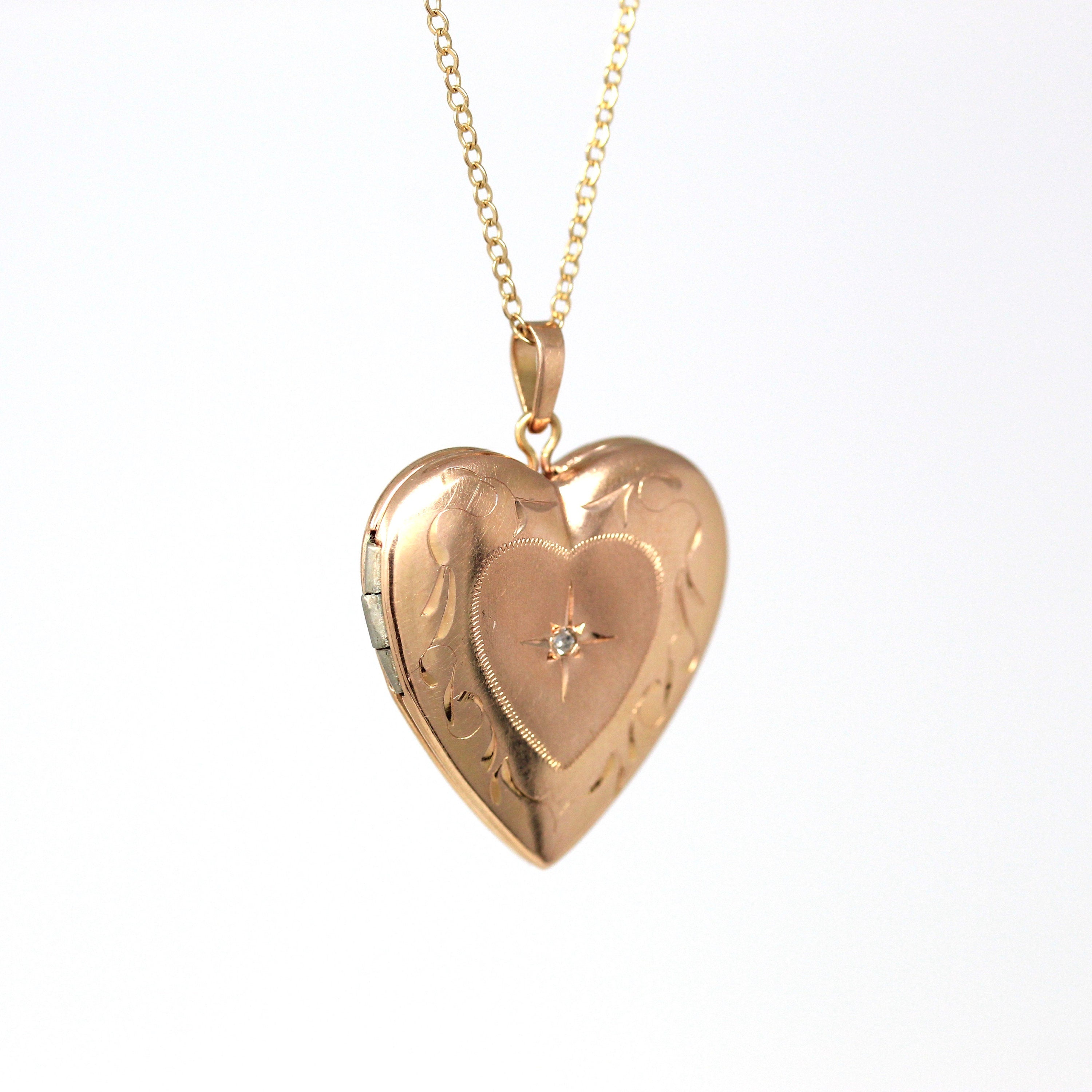 Modern Heart Locket - Estate 14k Rose Gold Genuine Diamond Necklace Pendant - Circa 2000's Era Photograph Keepsake Fine Celestial Jewelry