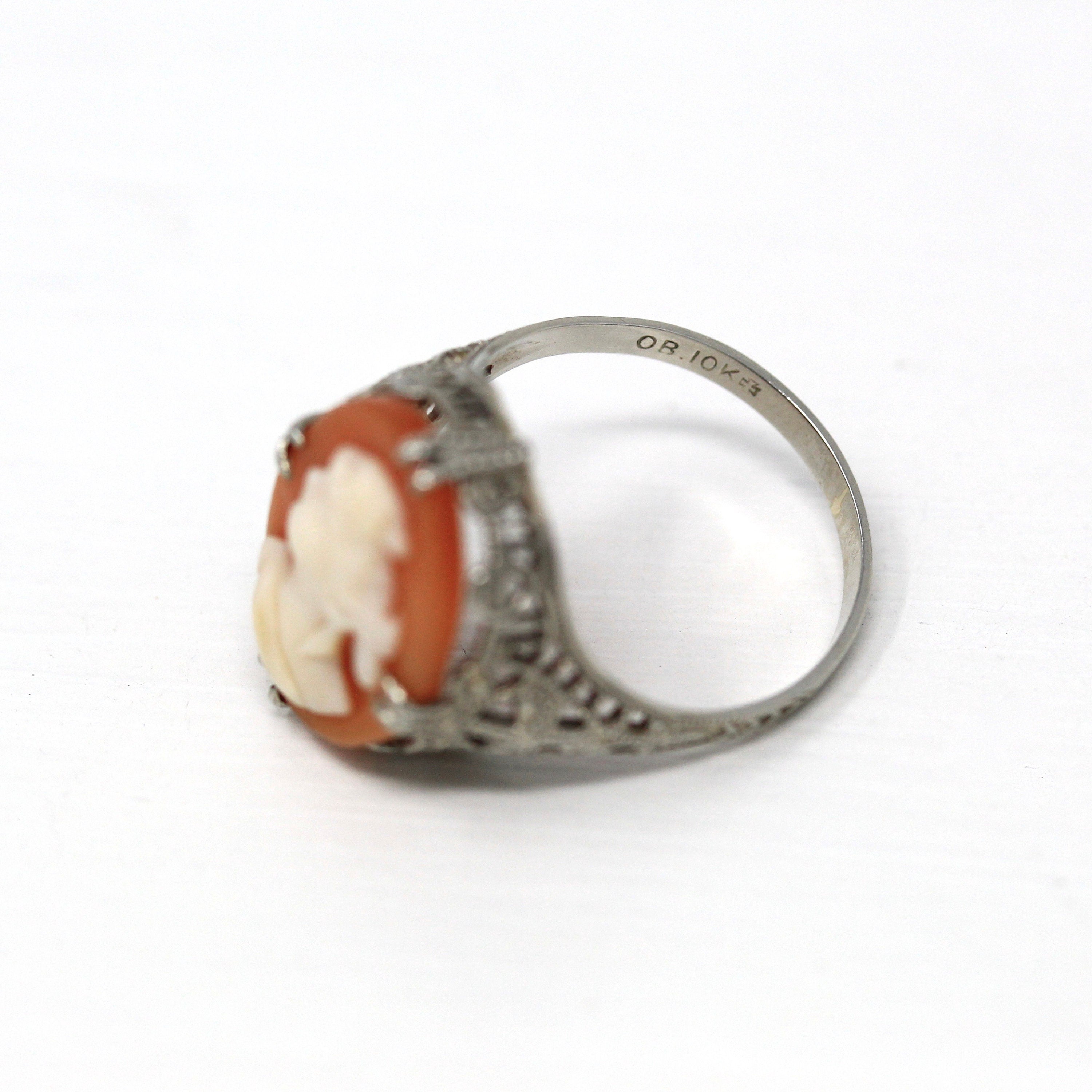 Sale - Filigree Cameo Ring - Art Deco 10k White Gold Genuine Carved Shell Gem - Antique Circa 1920s Size 5.5 Ostby Barton Maltese Jewelry