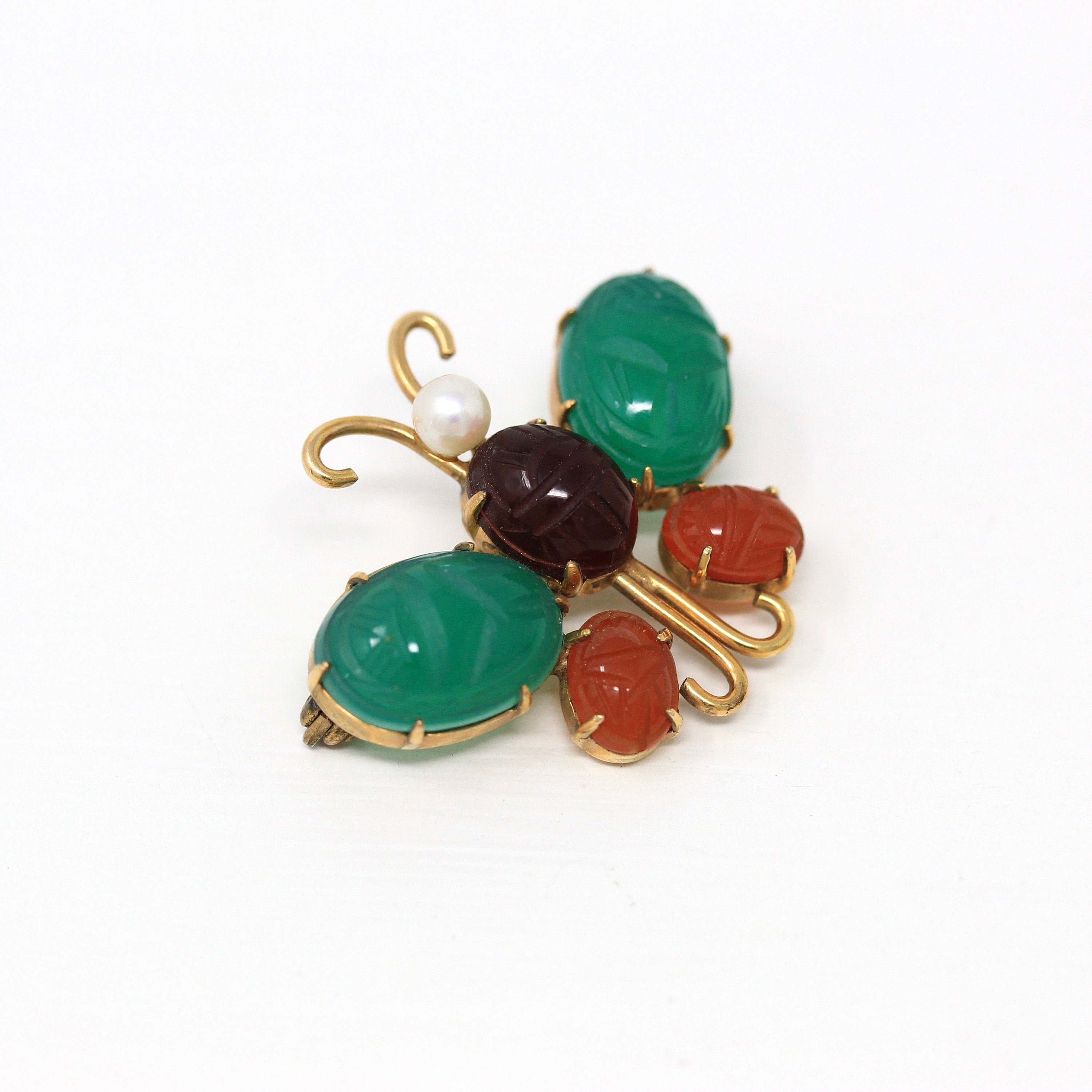 Vintage Butterfly Brooch - Retro 12k Yellow Gold Filled Genuine Green Chalcedony & Carnelian Scarab Pin- Circa 1960s Era Figural WRE Jewelry