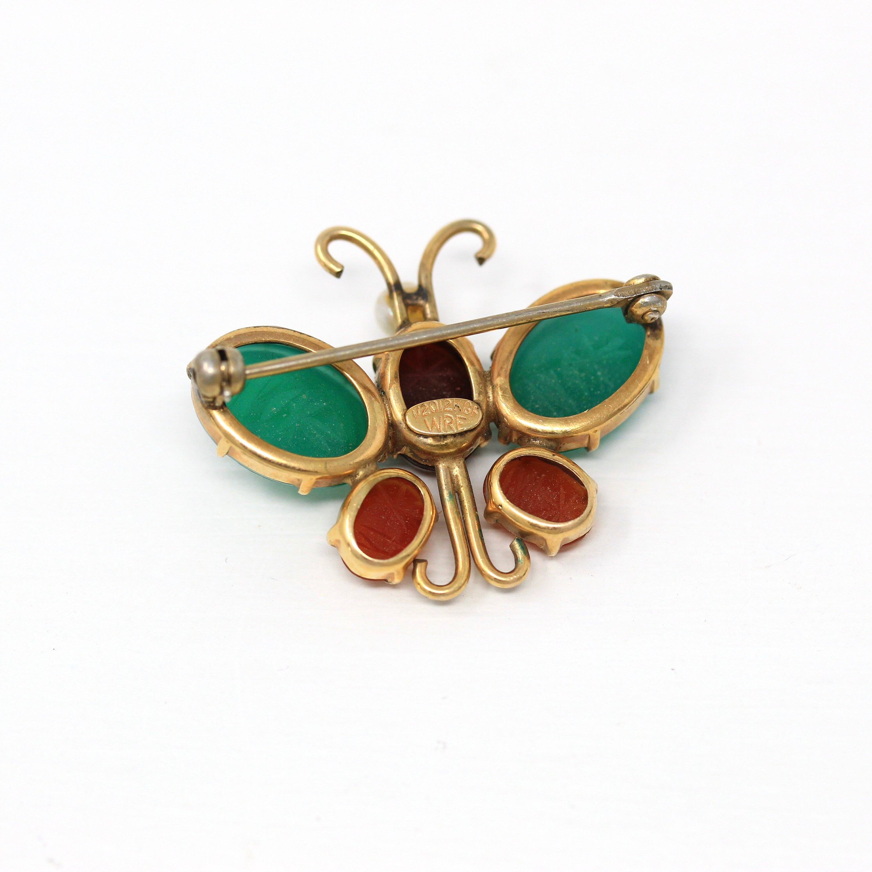 Vintage Butterfly Brooch - Retro 12k Yellow Gold Filled Genuine Green Chalcedony & Carnelian Scarab Pin- Circa 1960s Era Figural WRE Jewelry