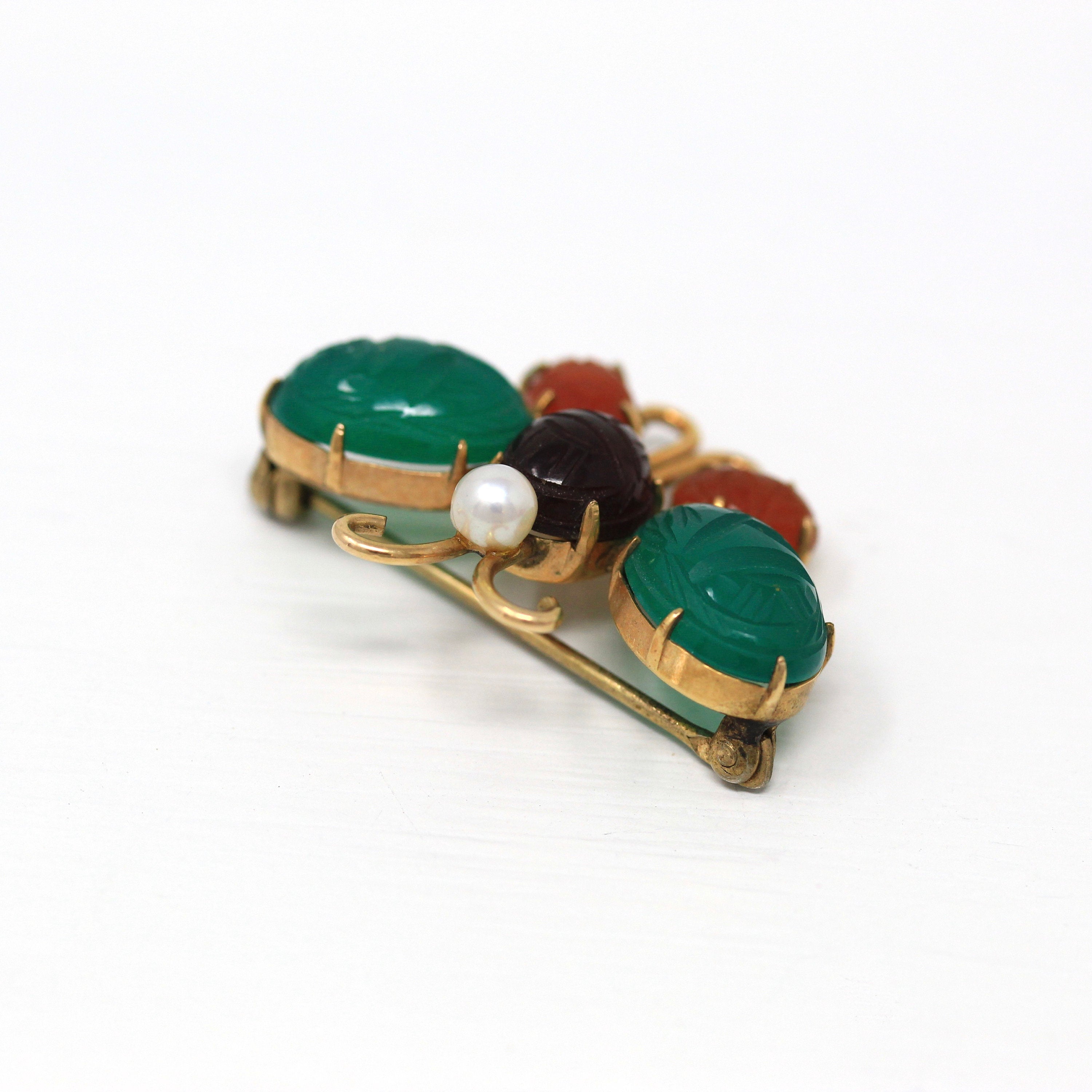 Vintage Butterfly Brooch - Retro 12k Yellow Gold Filled Genuine Green Chalcedony & Carnelian Scarab Pin- Circa 1960s Era Figural WRE Jewelry