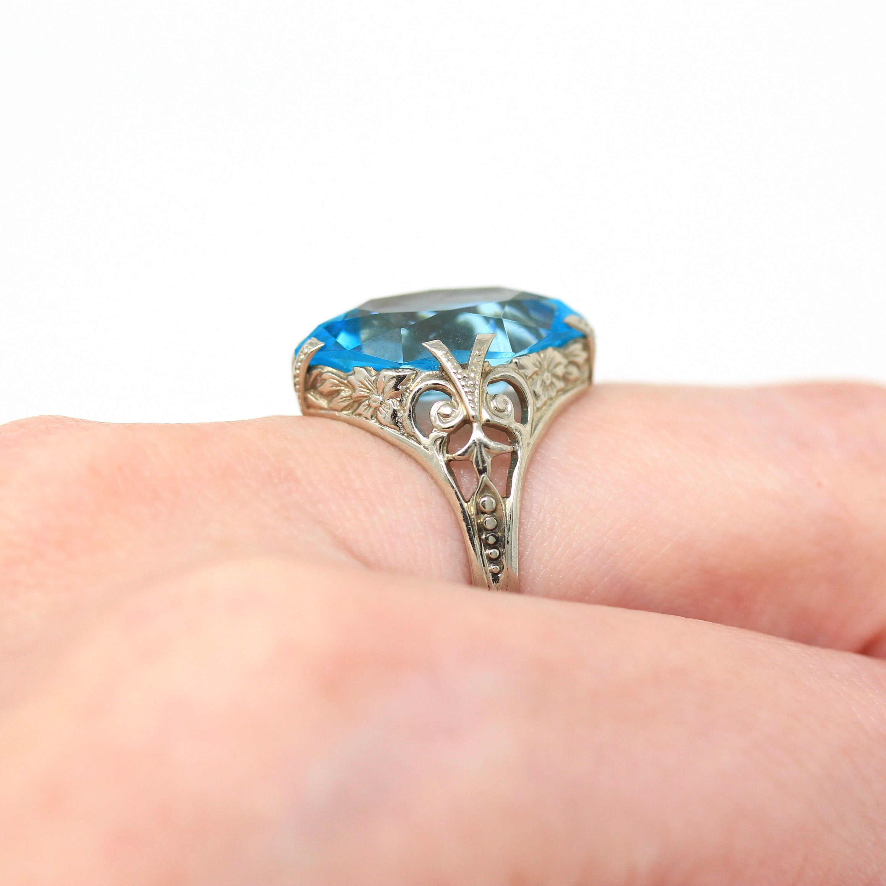 Sale - Art Deco Ring - Vintage 10k White Gold Filigree Simulated Aquamarine - Circa 1930s Size 6.5 Blue Glass March Birthstone Fine Jewelry