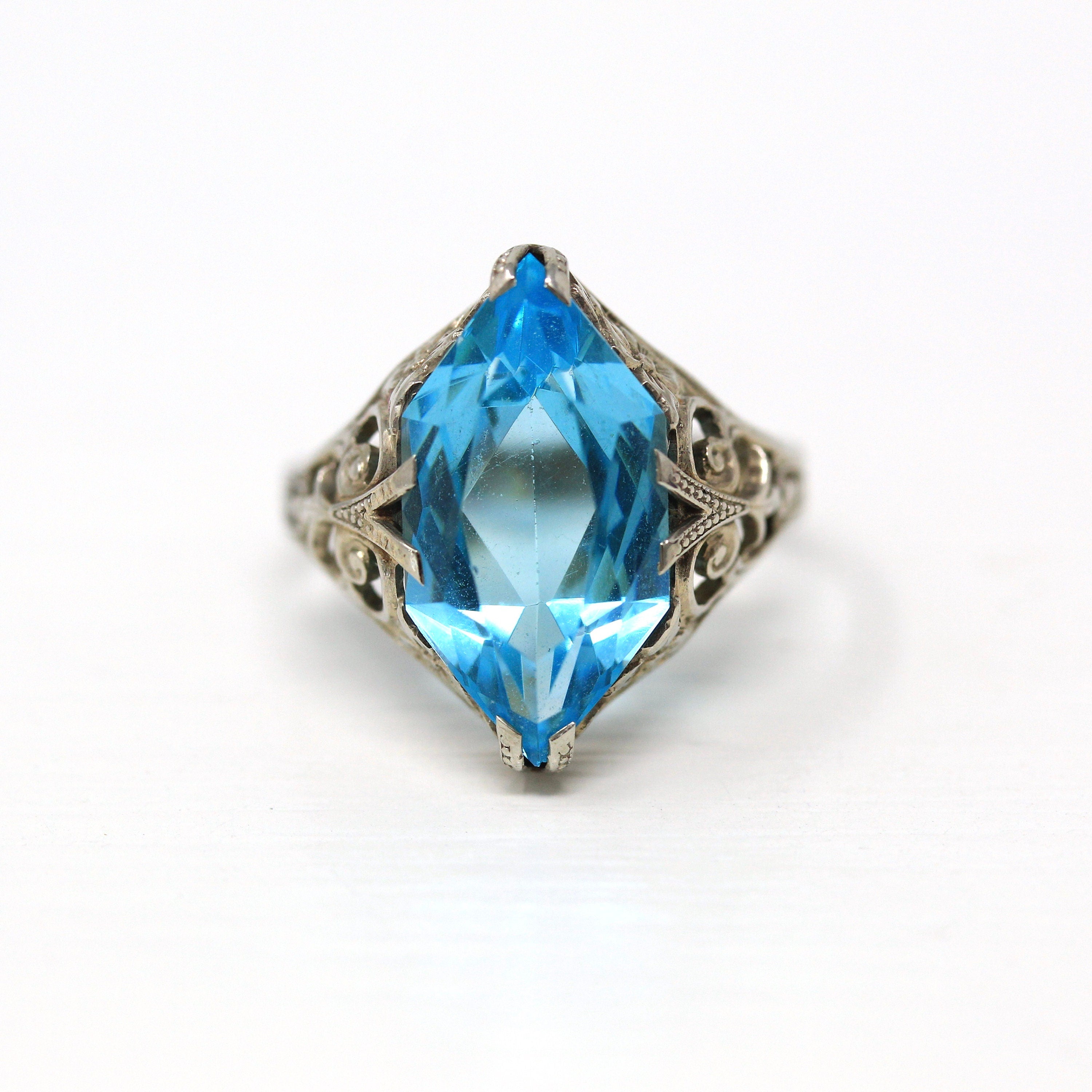 Art Deco Ring - Vintage 10k White Gold Filigree Simulated Aquamarine - Circa 1930s Size 6.5 Blue Glass March Birthstone Fine Jewelry